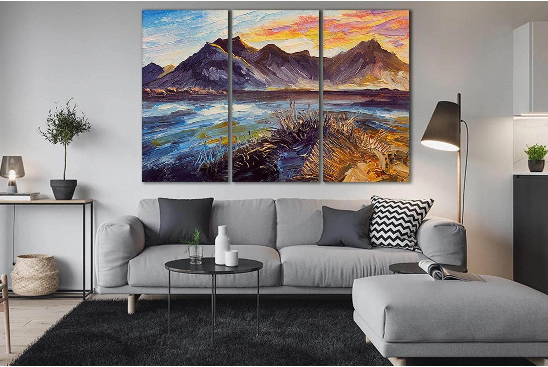 Oil Painting Pink Sunset Sea And Mountains №SL599 Ready to Hang Canvas Print - Zellart Canvas Prints 0new, ALL_Products, Oil Painting Wall Art