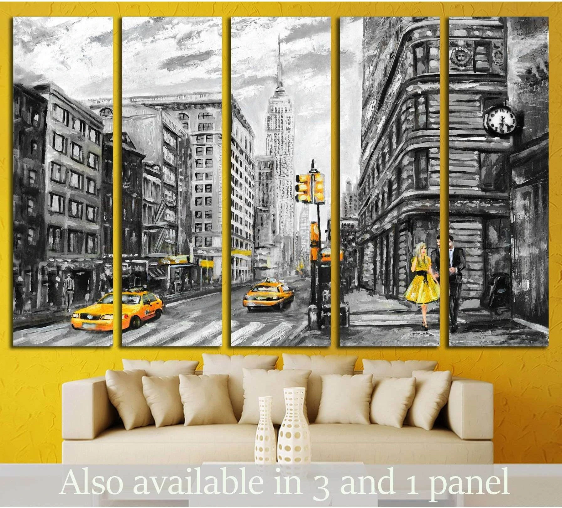 Black and white New York street canvas print with yellow taxis and Empire State Building in a 5-panel layout