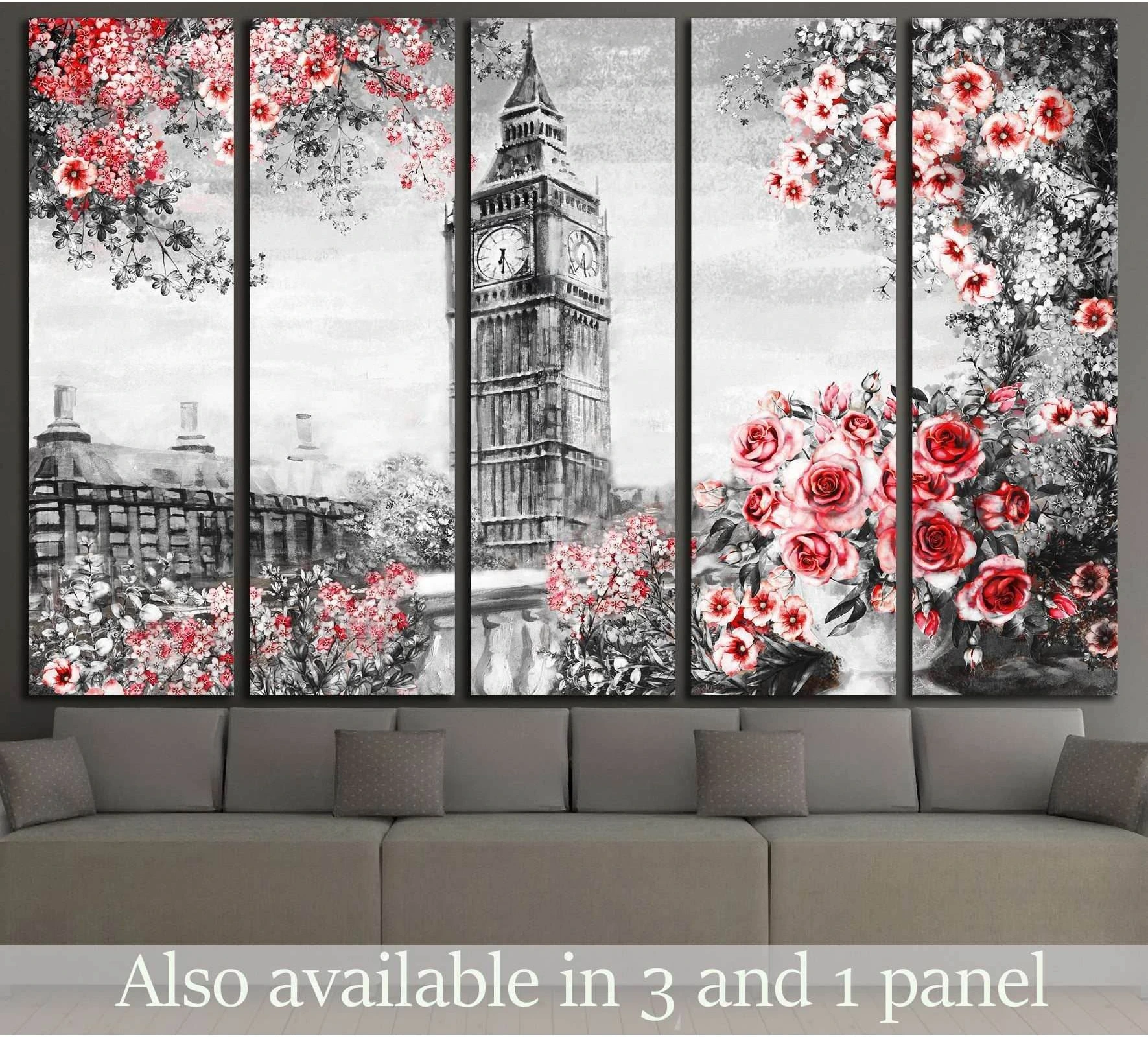 Big Ben canvas print with pink roses in a black and white London scene above a gray sofa