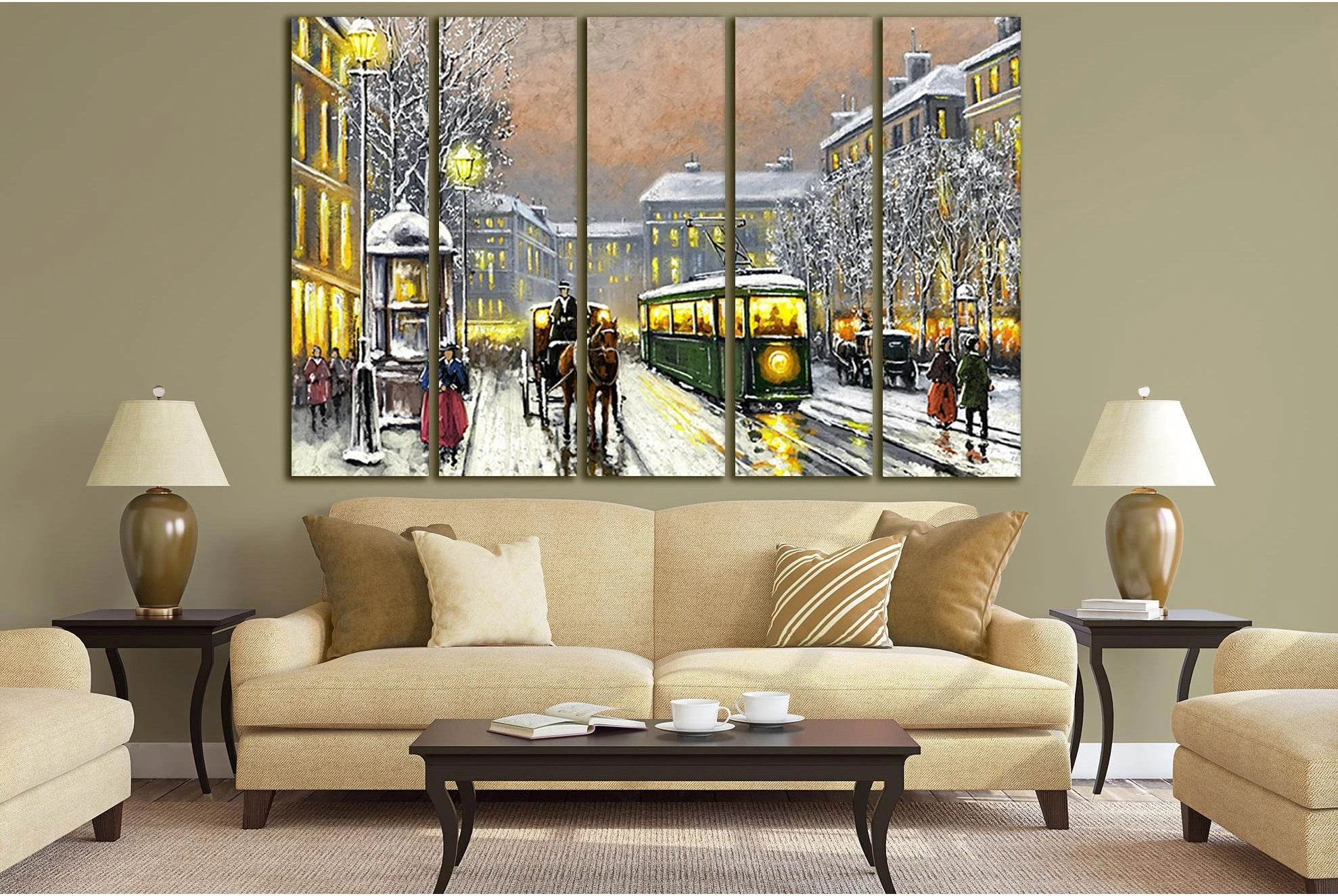 Oil Paintings Old Tram In The Street №SL591 Ready to Hang Canvas Print - Zellart Canvas Prints 0new, ALL_Products, Oil Painting Wall Art