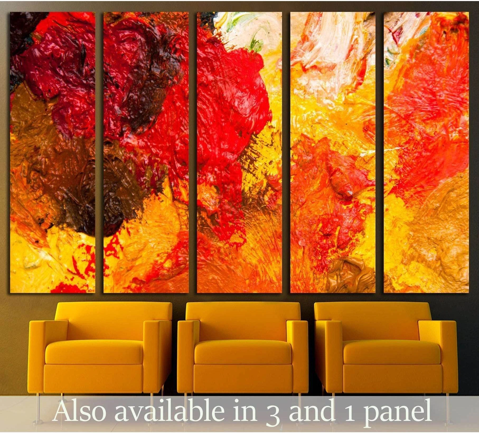 Red orange textured abstract canvas print with thick oil-paint strokes displayed as multi-panel wall art above yellow chairs
