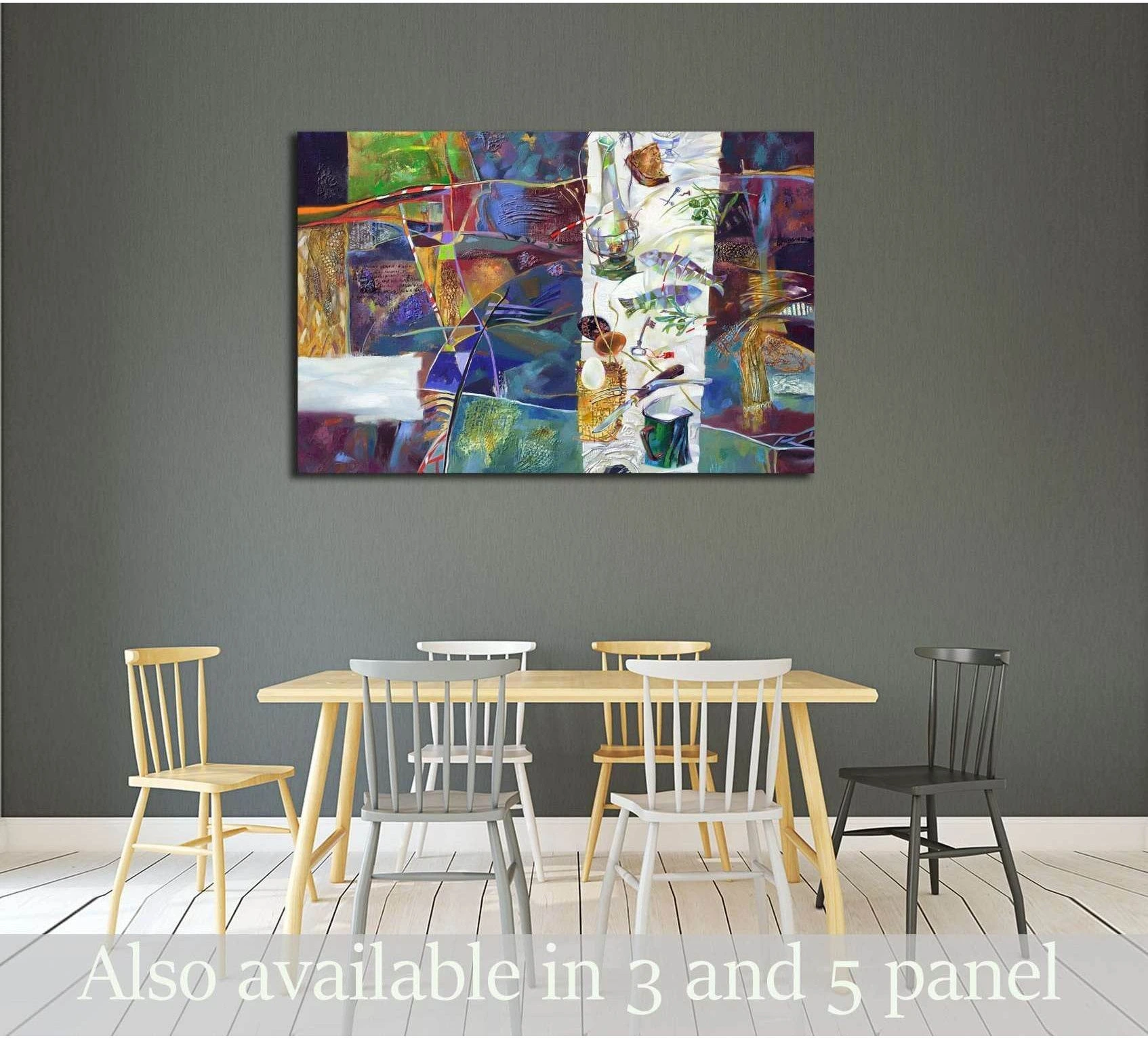 Colorful abstract still life canvas print with purple, blue, green, and gold forms above a dining table