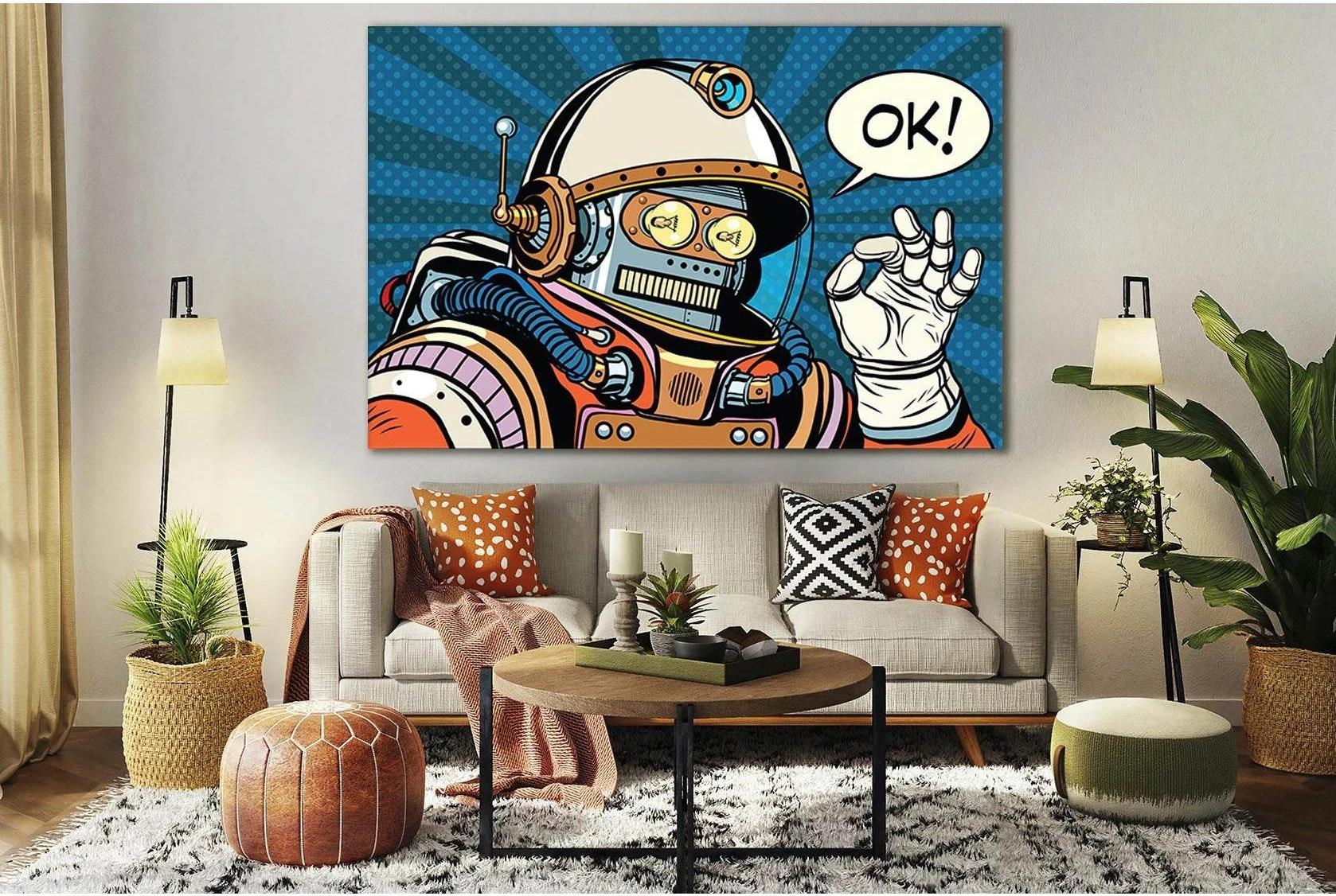 Okay Retro Robot Astronaut Pop Art №SL539 Ready to Hang Canvas Print - Zellart Canvas Prints 0new, ALL_Products, Pop ART