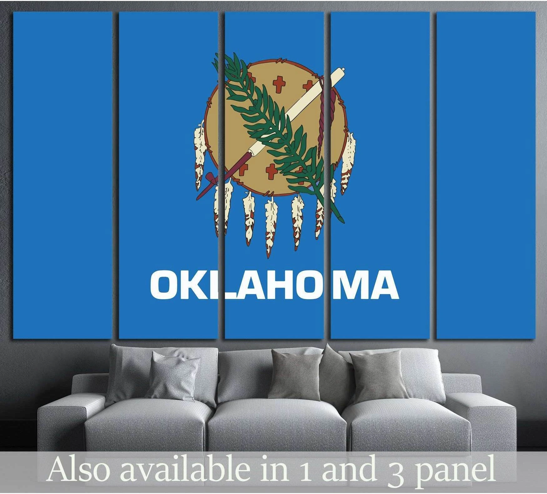 Oklahoma flag canvas print with Native shield on blue background, displayed above a gray sofa