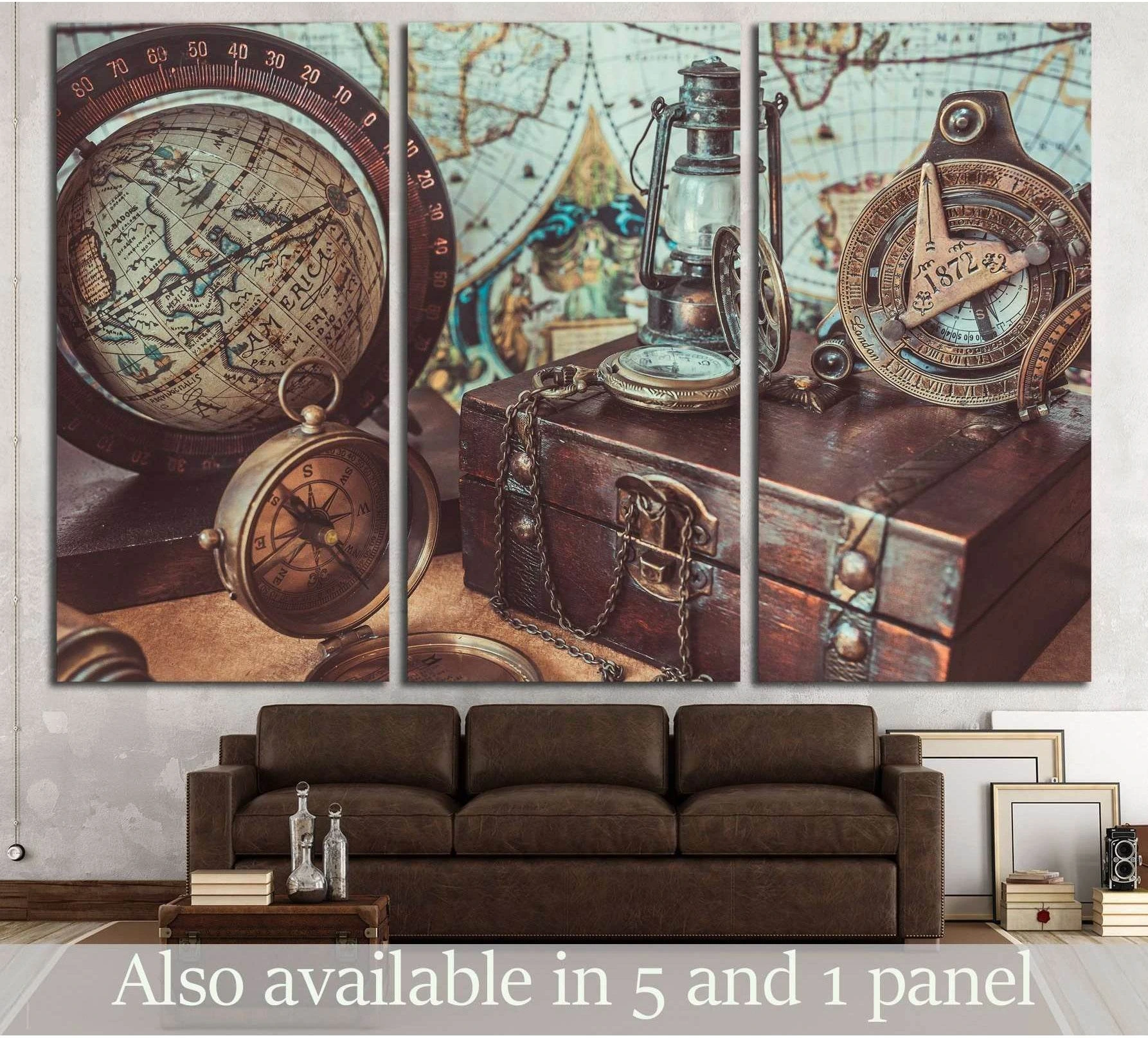 Vintage compass and oil lamp canvas print with antique map and travel chest, displayed above sofa in a living room