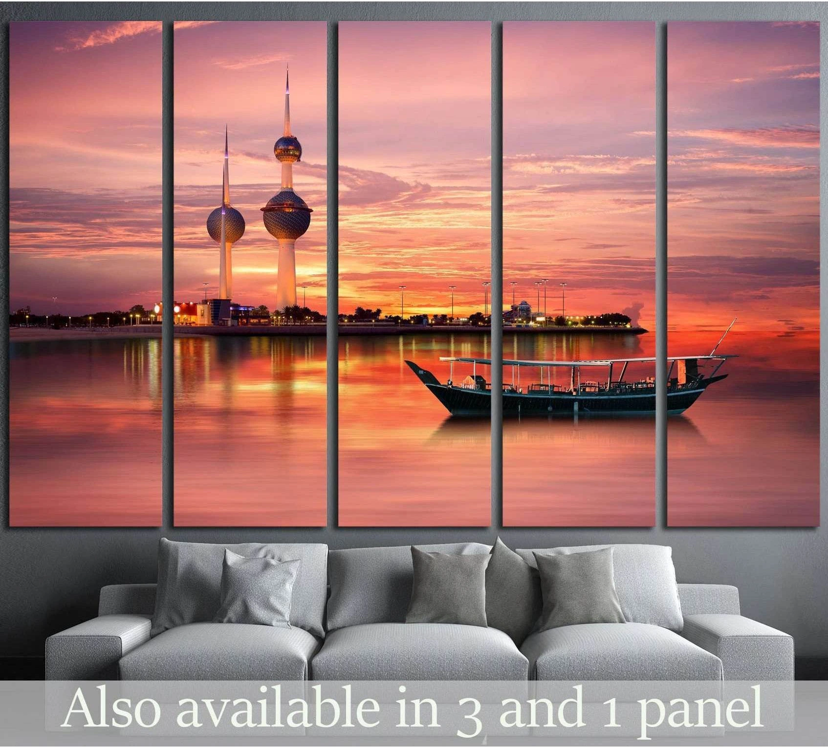 Kuwait Towers sunset canvas print with a traditional dhow boat, displayed above a sofa