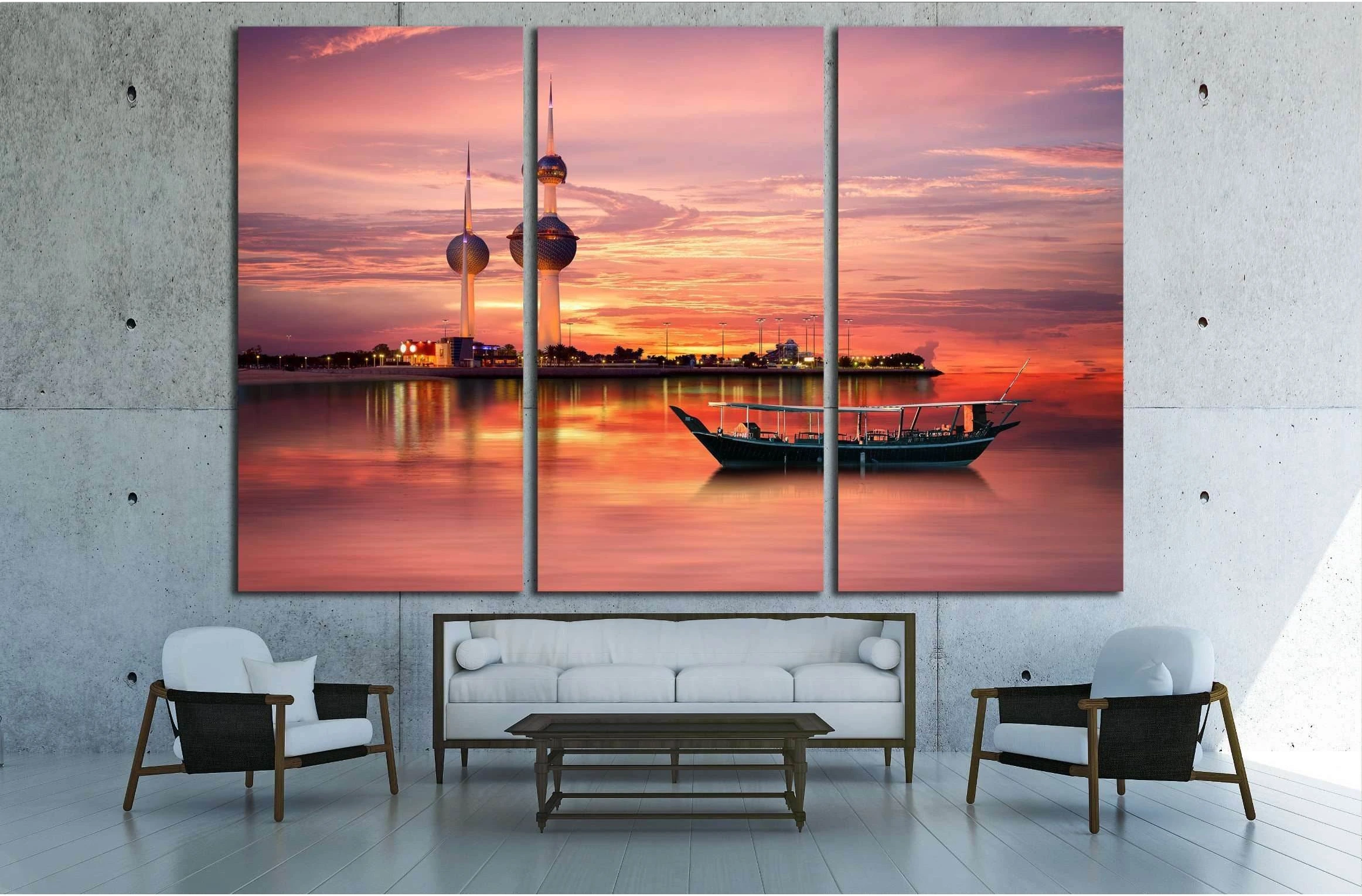 old Arabian boat docked in front of Kuwait Landmark №2200 Ready to Hang Canvas Print - Zellart Canvas Prints ALL_Products, s-2200