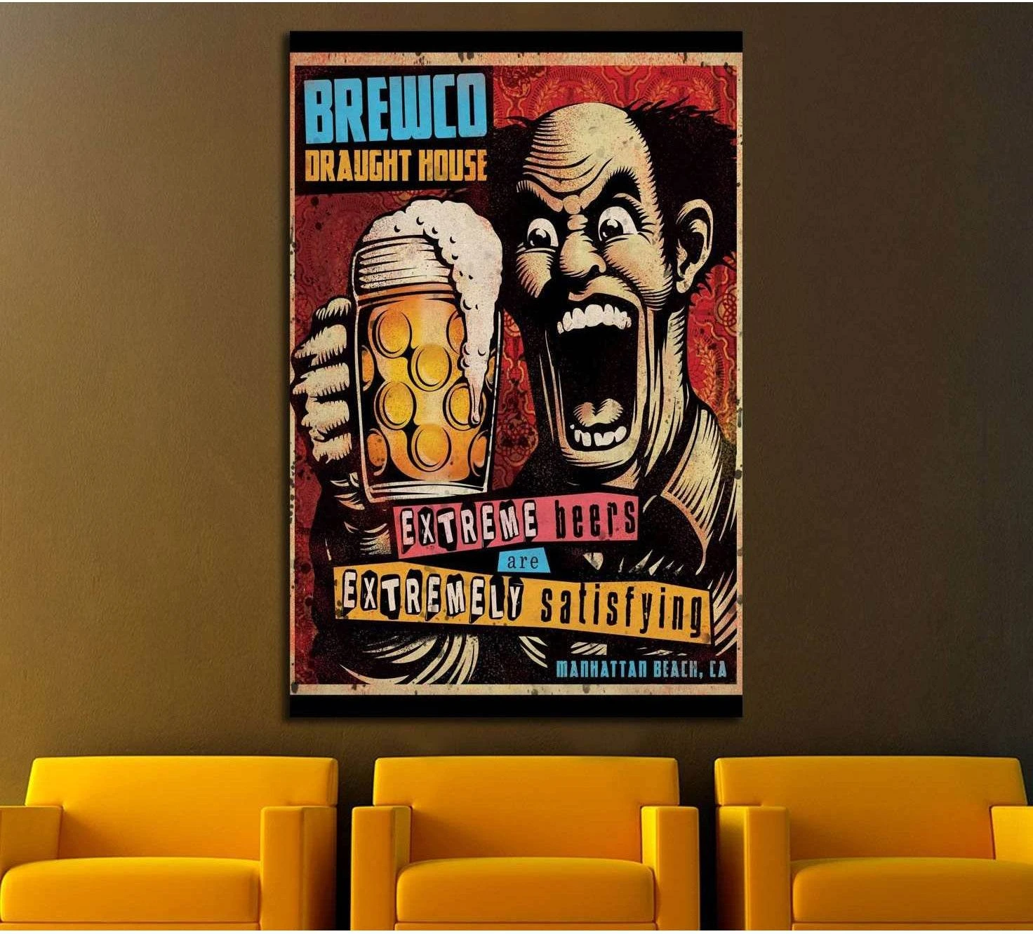 Vintage beer poster canvas print with retro illustrated man holding a foaming pint above lounge chairs