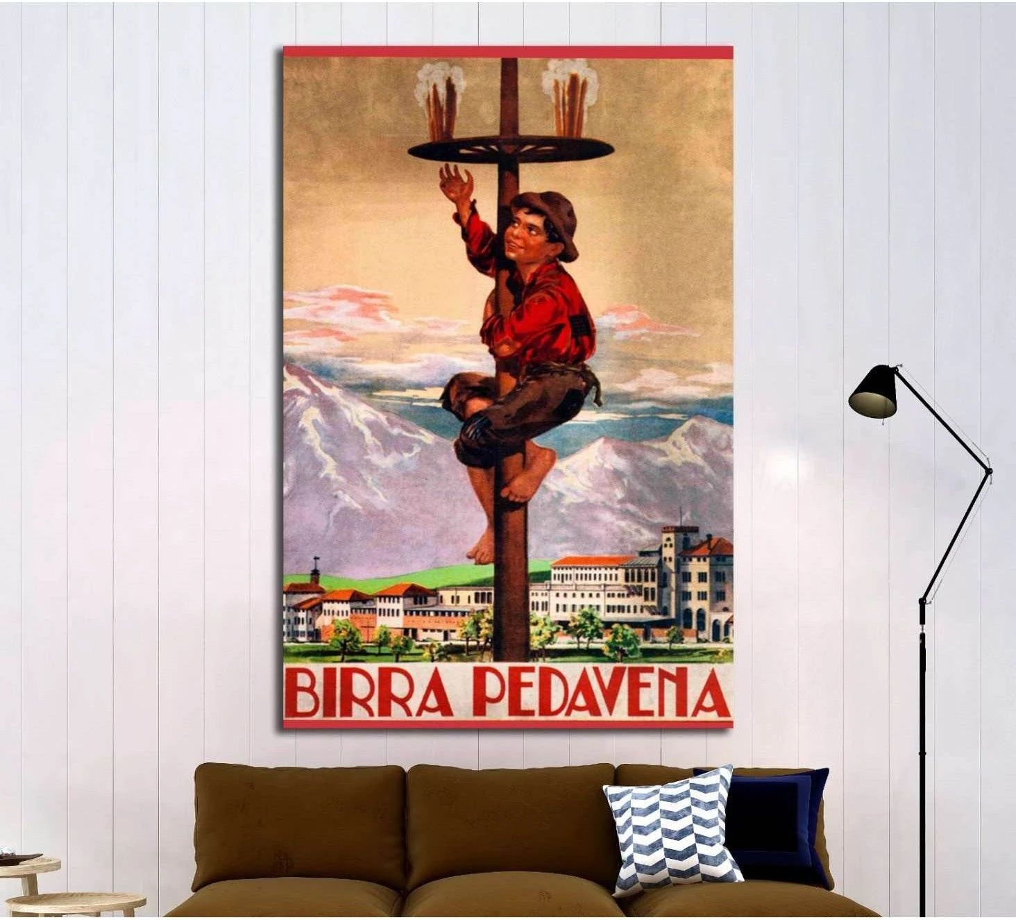 Birra Pedavena vintage beer poster canvas print with server, alpine mountains, and town backdrop