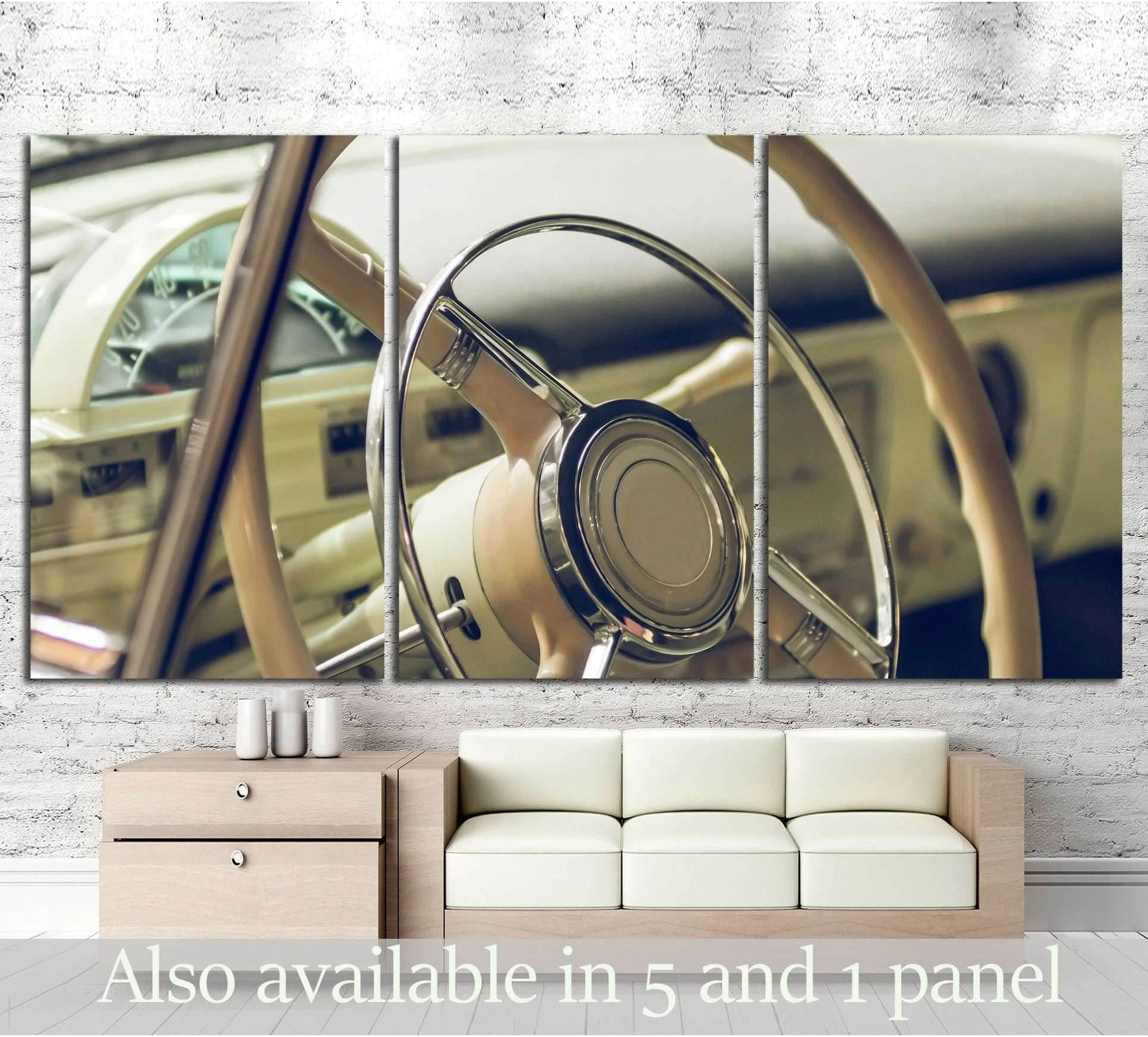 Vintage car steering wheel canvas print with cream interior and chrome details hung above a sofa