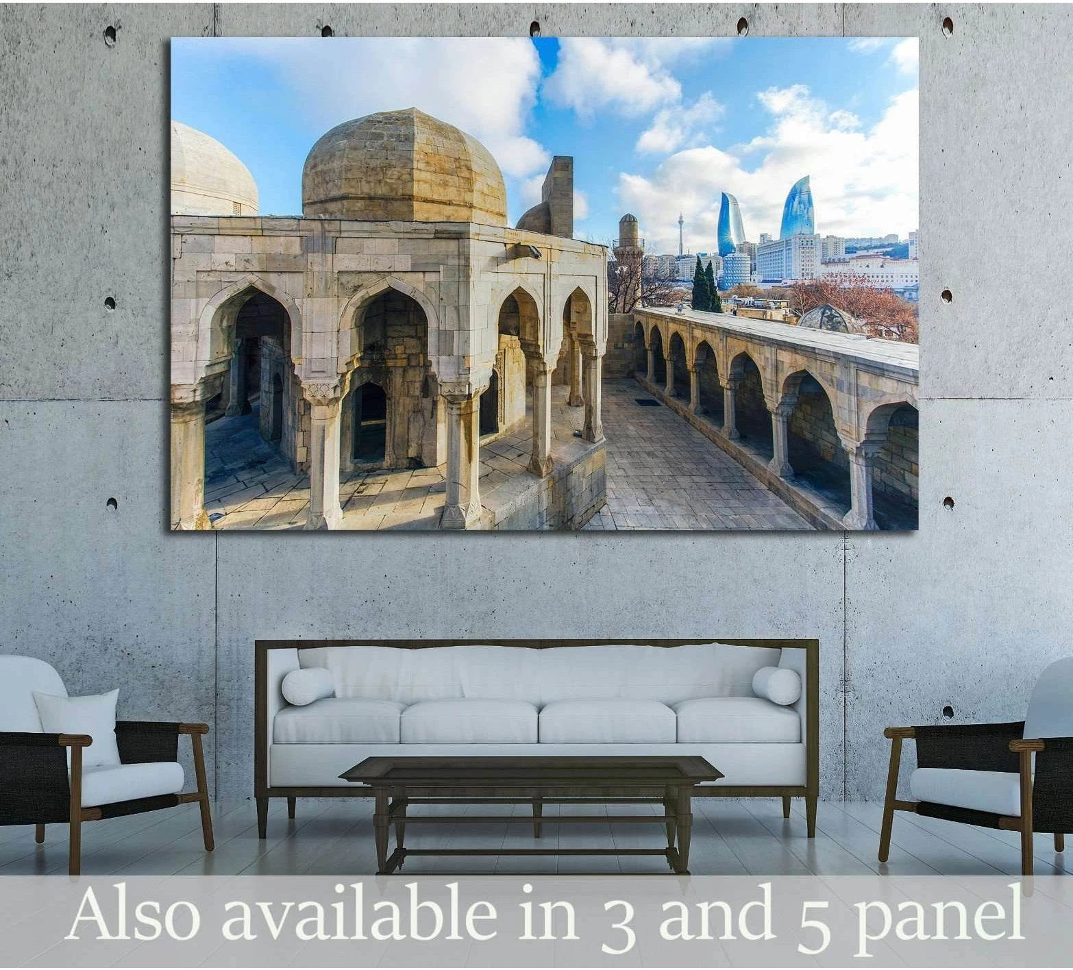 Old City in Baku with Flame Towers canvas print displayed above sofa in modern living room