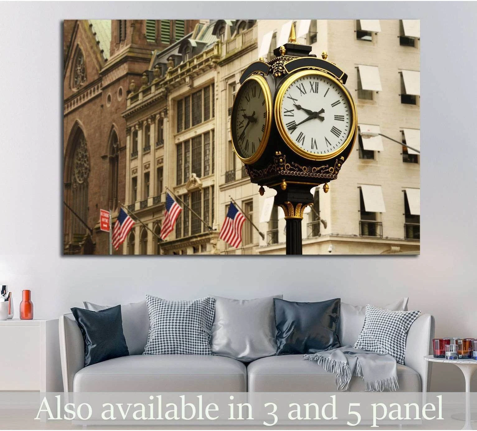 Vintage New York street clock canvas print with American flags, shown above a sofa