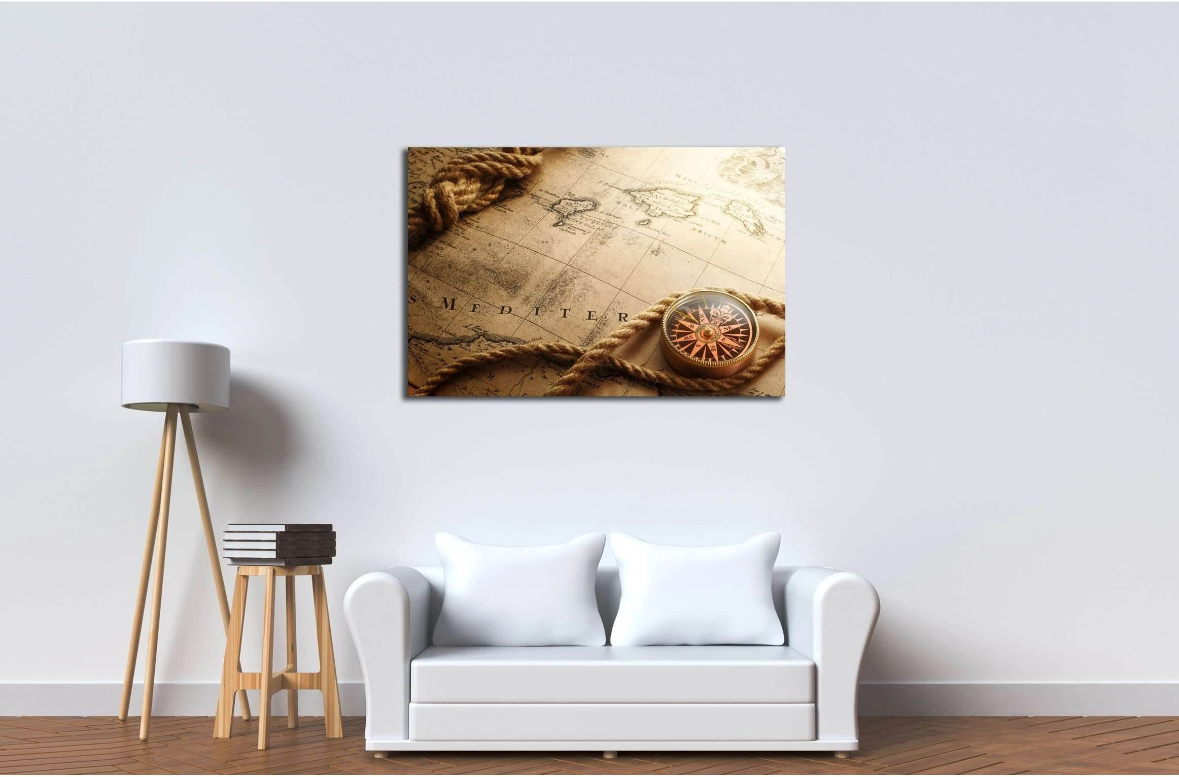 old compass and rope on vintage map №2816 Ready to Hang Canvas Print - Zellart Canvas Prints ALL_Products, s-2816