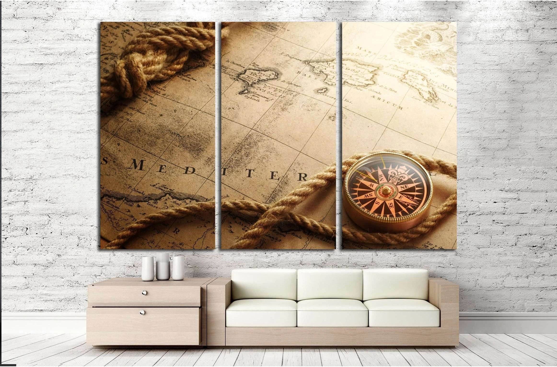 old compass and rope on vintage map №2816 Ready to Hang Canvas Print - Zellart Canvas Prints ALL_Products, s-2816