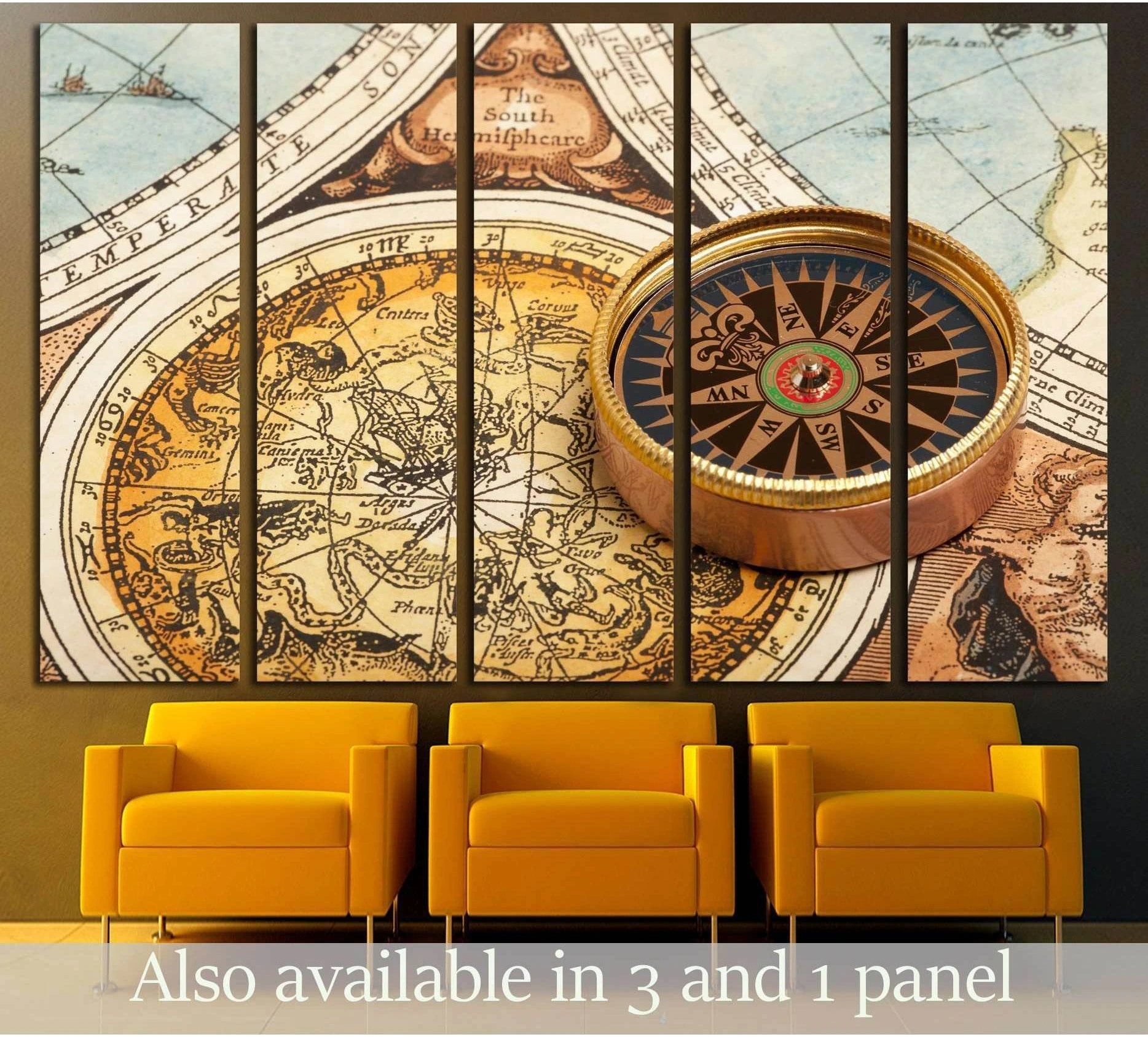 Antique compass on vintage world map multi-panel canvas print above mustard chairs