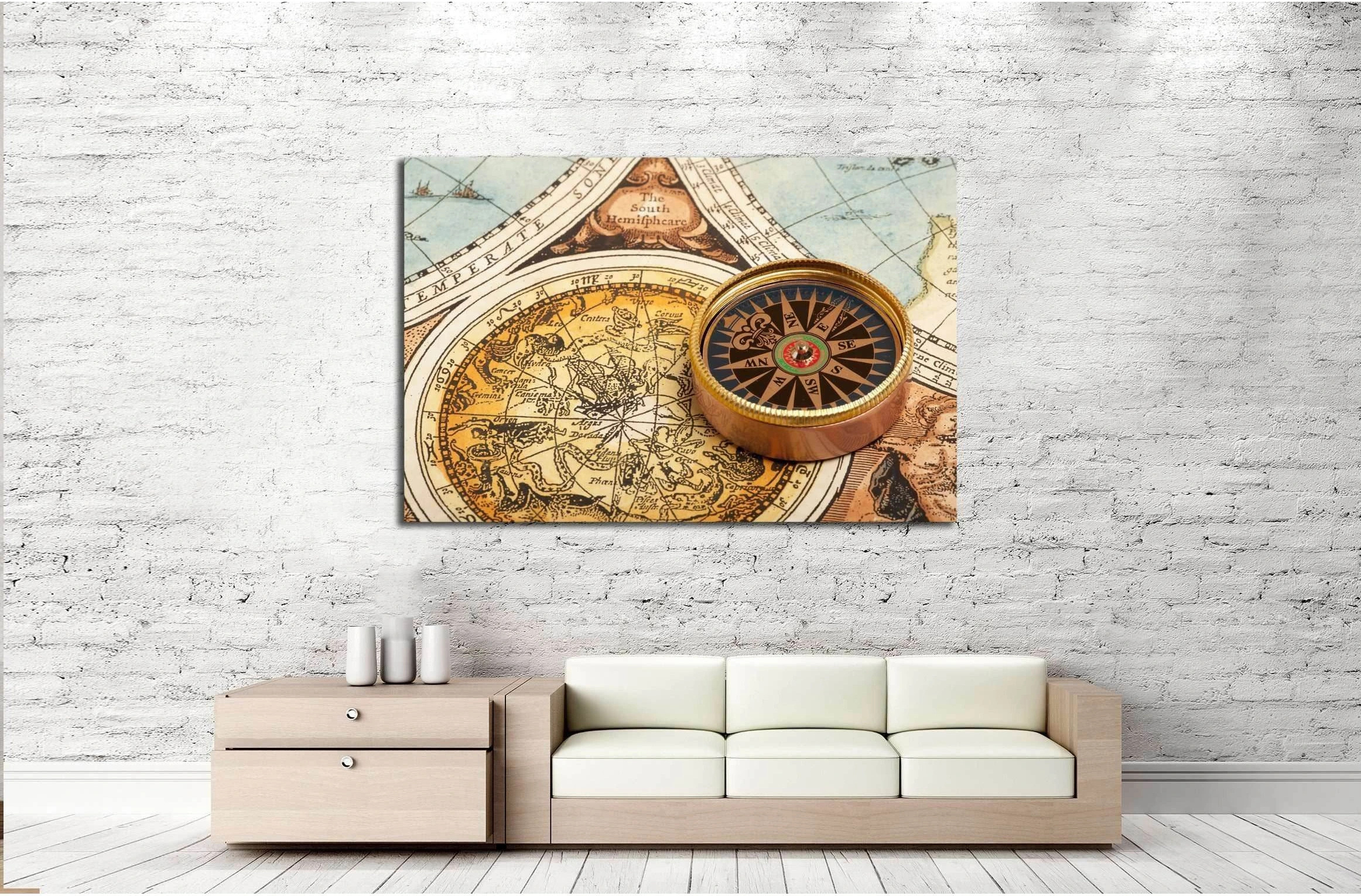 Old compass on vintage retro map №2815 Ready to Hang Canvas Print - Zellart Canvas Prints ALL_Products, s-2815
