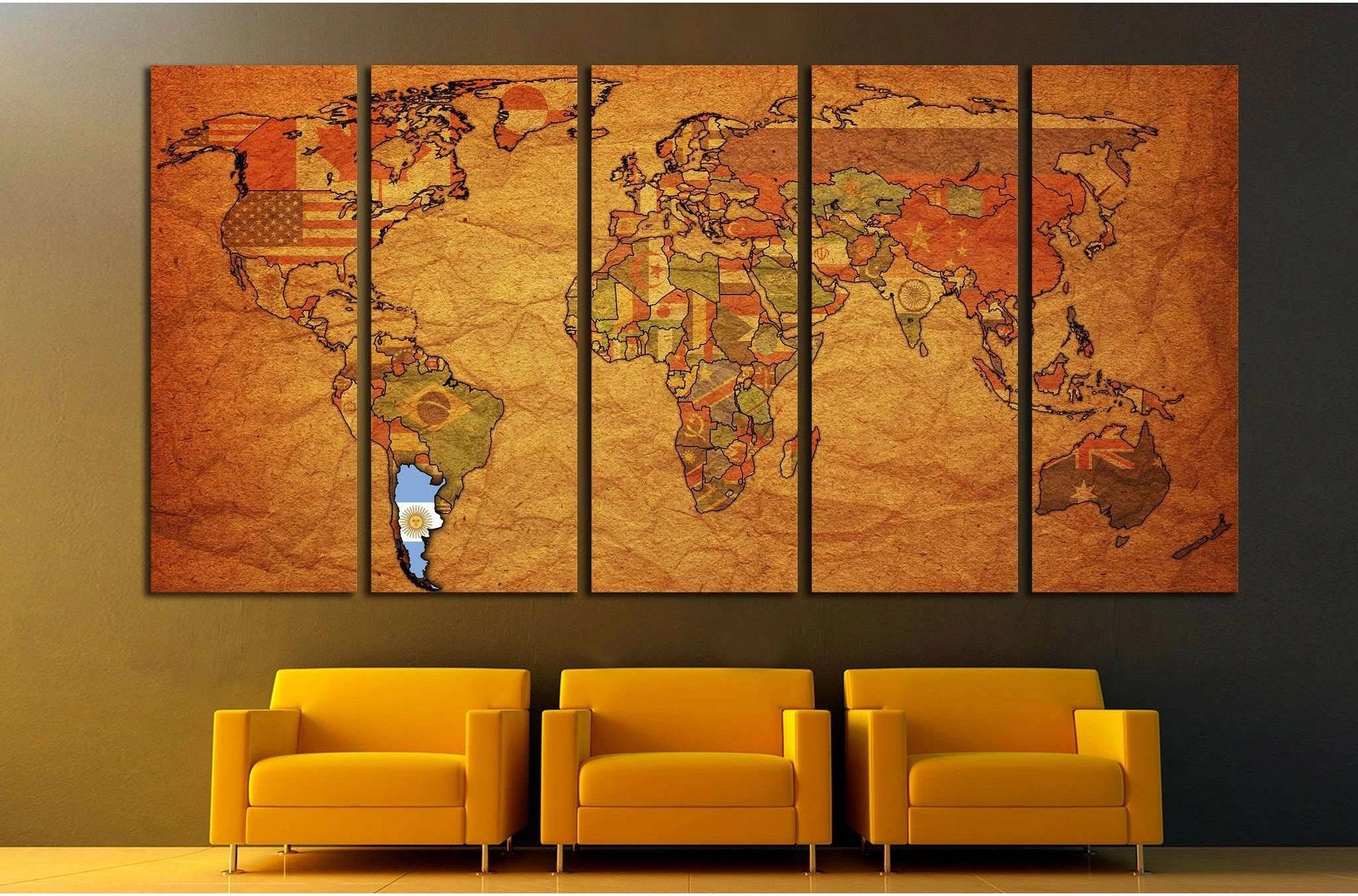 old political map of world with flag of argentina №1321 Ready to Hang Canvas Print - Zellart Canvas Prints ALL_Products, s-1321