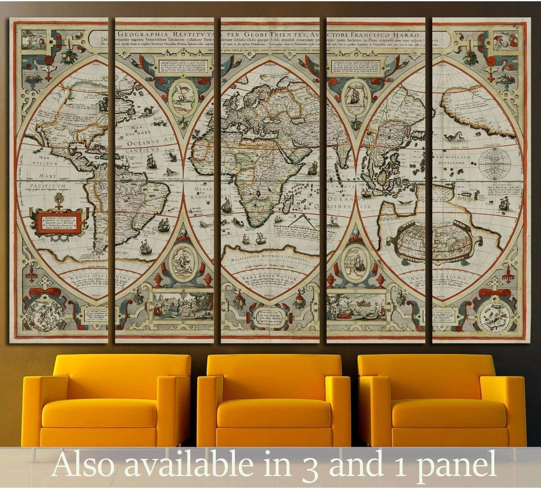 Antique world map canvas print in sepia tones displayed as a five-panel artwork above mustard chairs