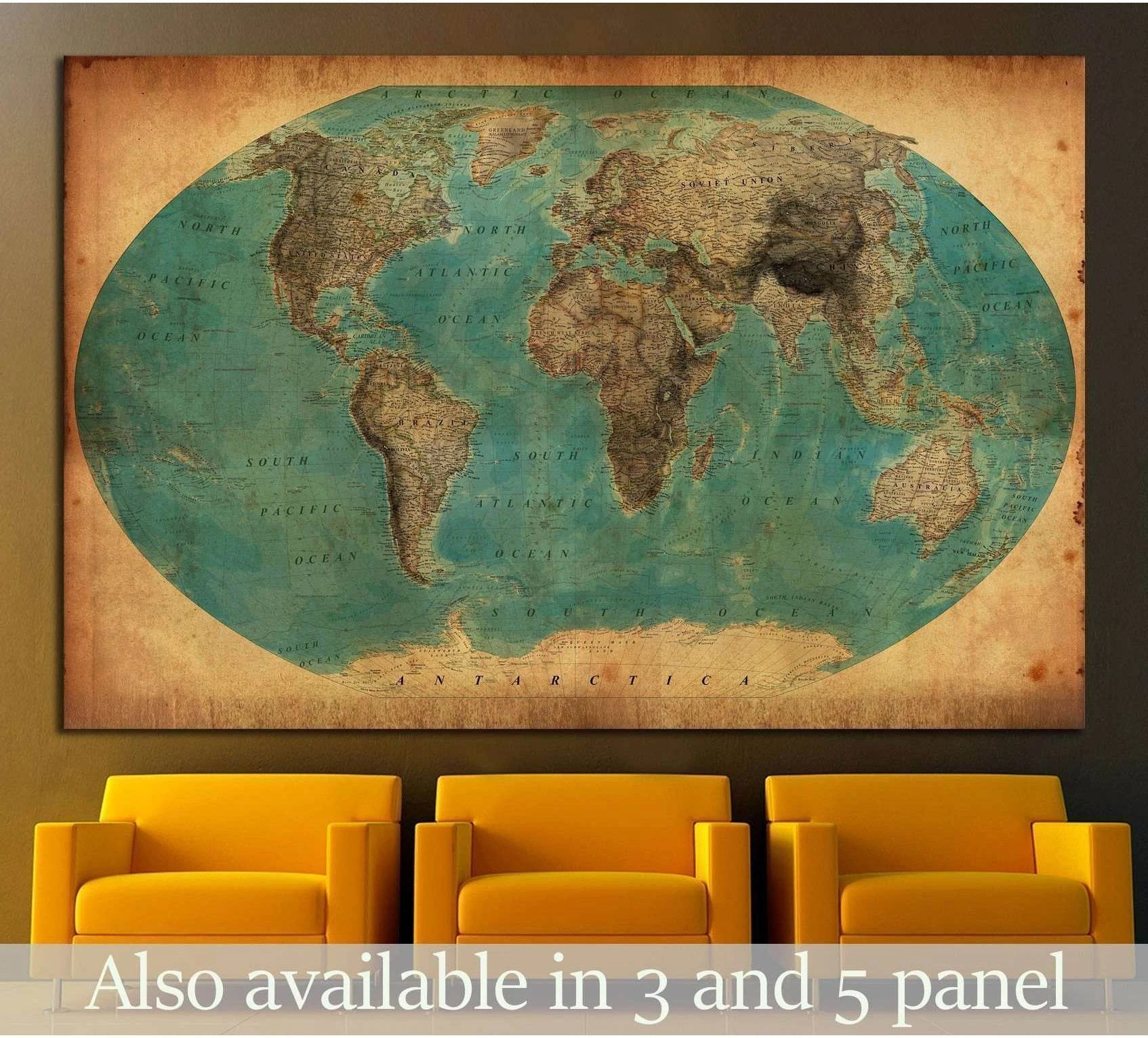 Old world map canvas print with teal oceans and antique sepia continents above mustard chairs