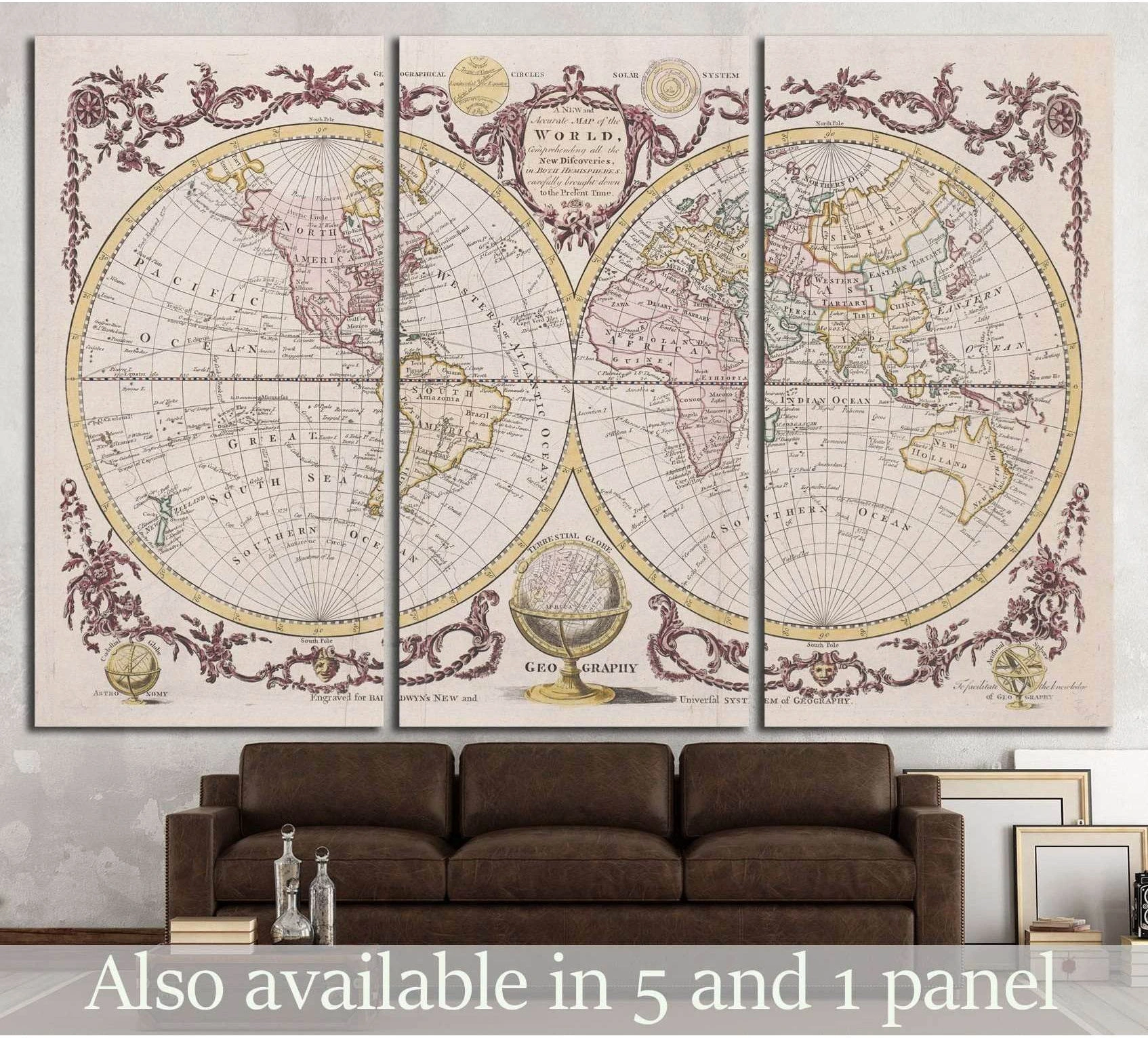 Old world map canvas print with antique atlas hemispheres hung above a sofa in a neutral living room