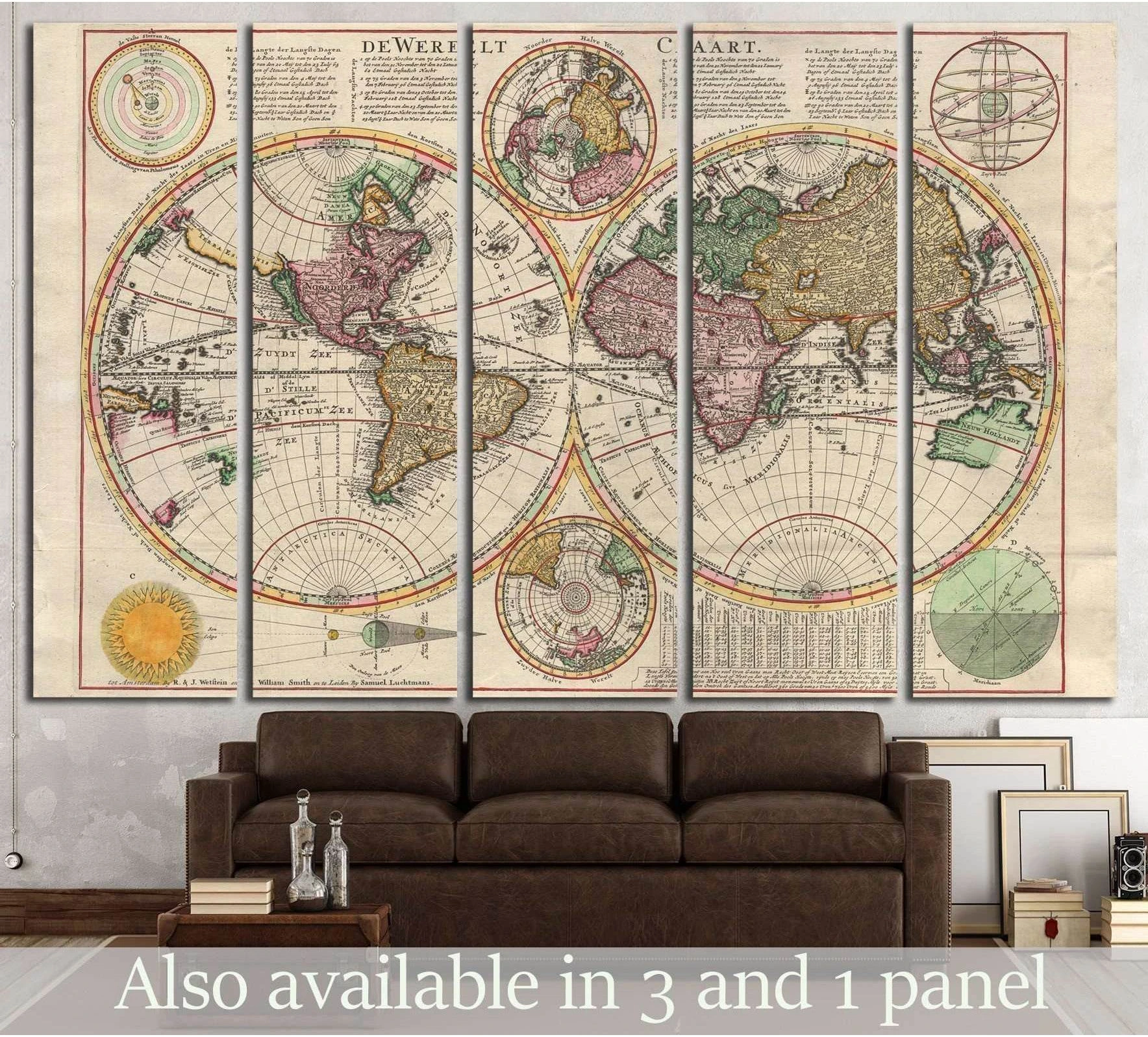 Antique world map multi panel canvas print above brown sofa in a modern living room