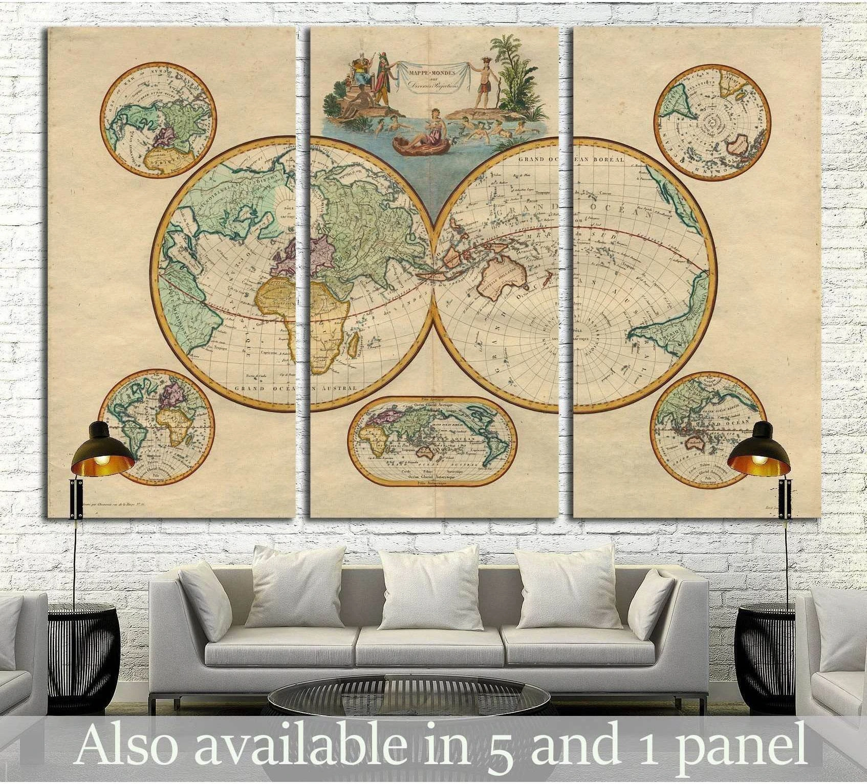 Antique world map triptych canvas print with vintage hemispheres above a sofa in a neutral living room
