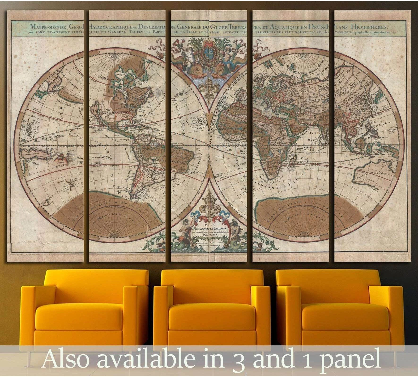 Old world map multi-panel canvas print above mustard chairs in a vintage office setting