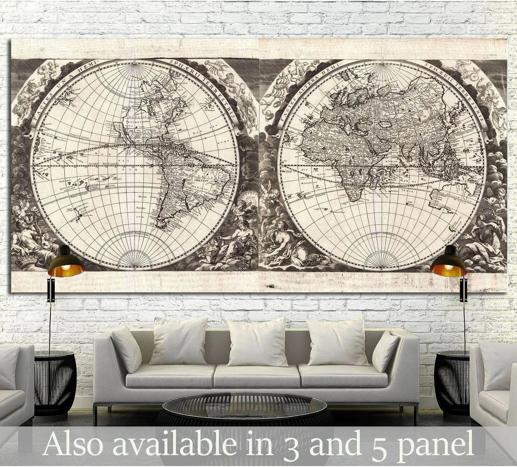 Antique world map canvas print with double-hemisphere chart above a sofa in a modern living room
