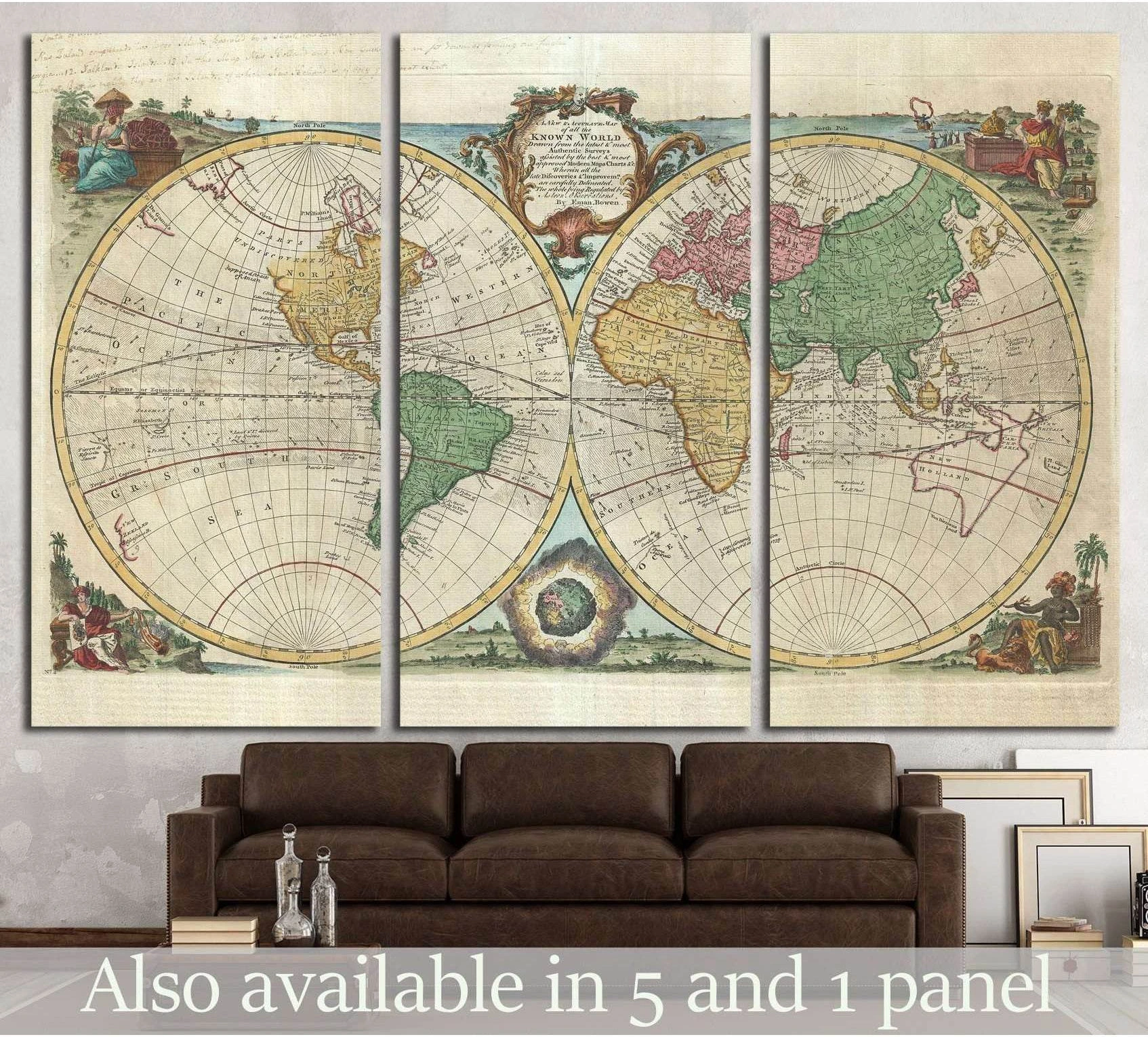 Antique world map triptych canvas print hung above a brown sofa in a neutral living room