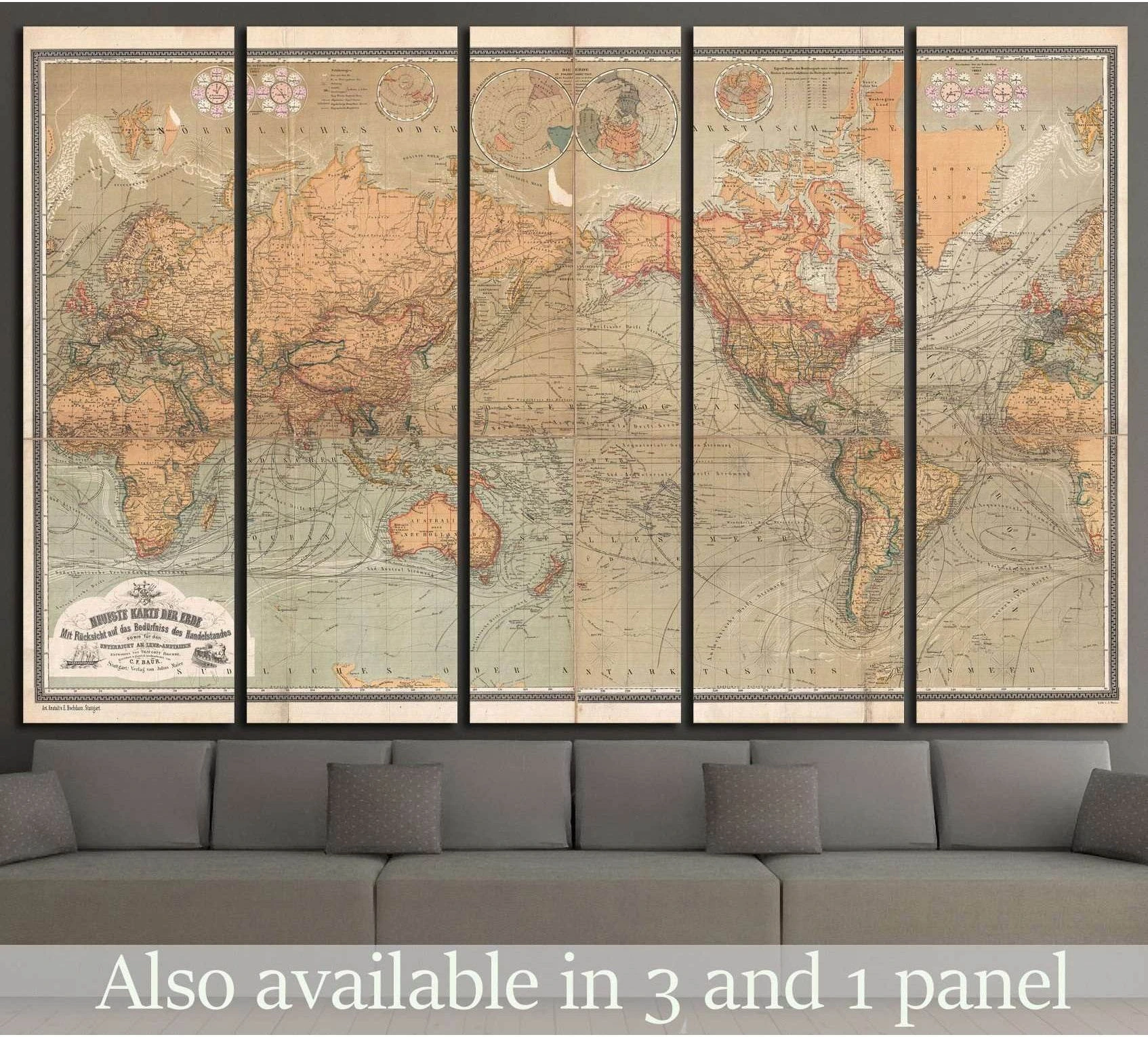 Five-panel old world map canvas print with antique atlas detail above a grey sofa in a modern room