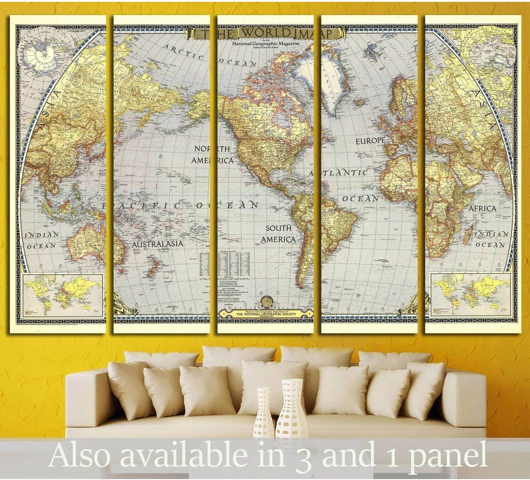 Multi-panel vintage world map canvas print above sofa in a warm modern living room