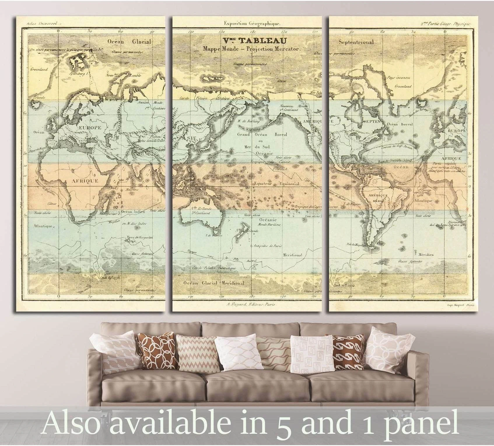 Antique world map triptych canvas print with sepia continents and soft teal oceans above a sofa