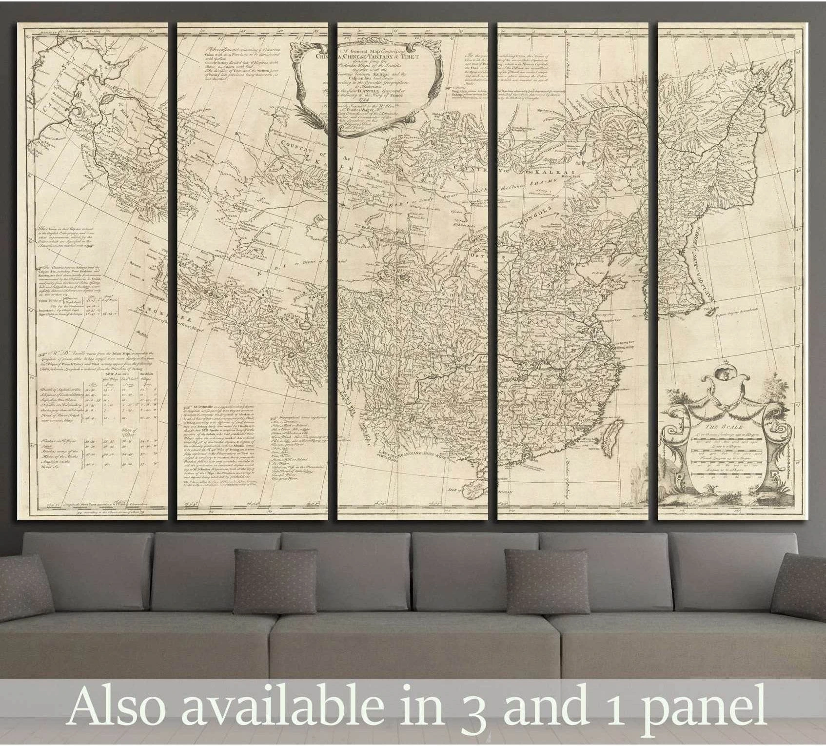 Antique sepia map canvas print in five-panel layout above a gray sofa in a modern living room