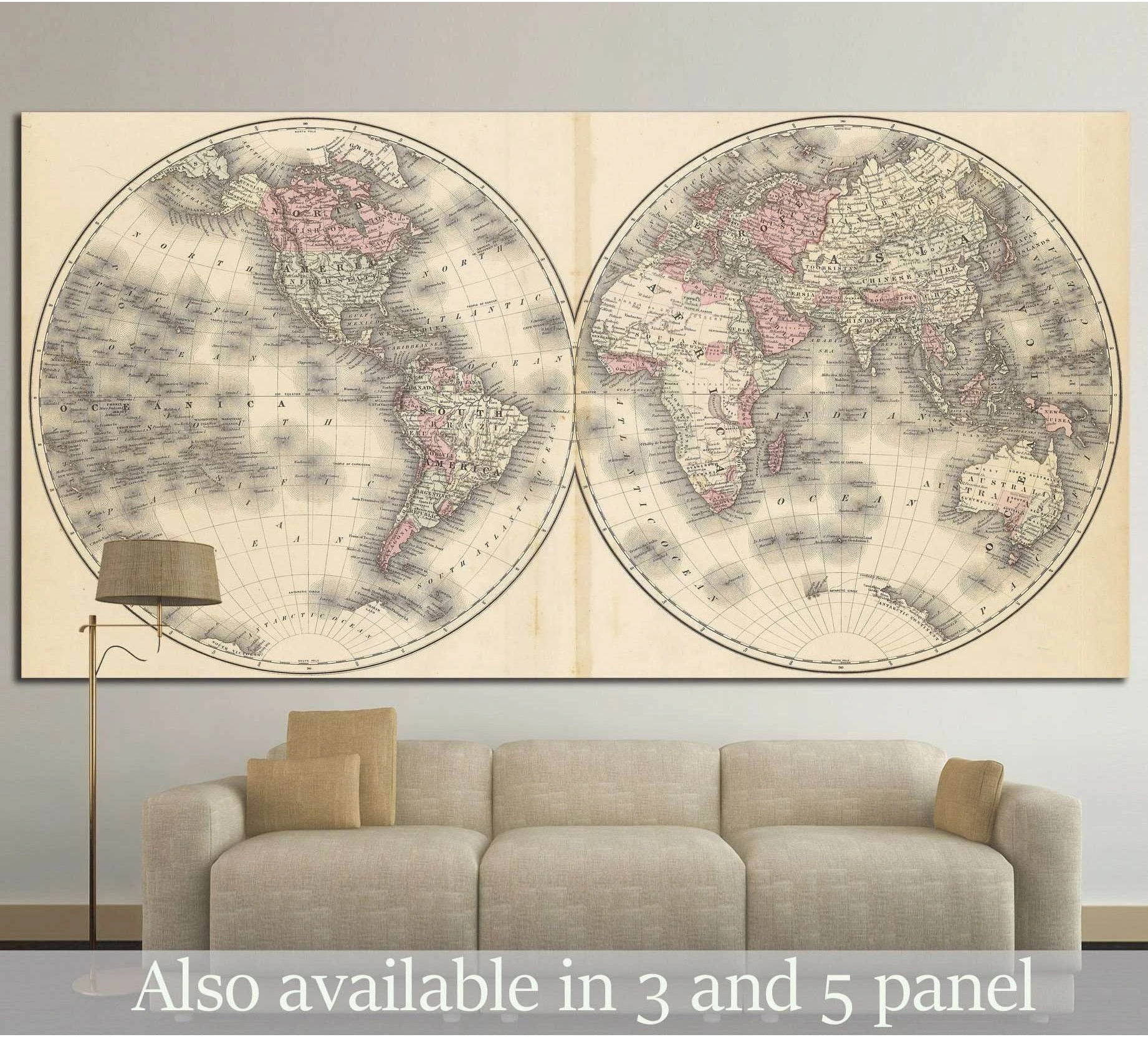 Antique world map canvas print with sepia twin hemispheres above a sofa in a neutral living room