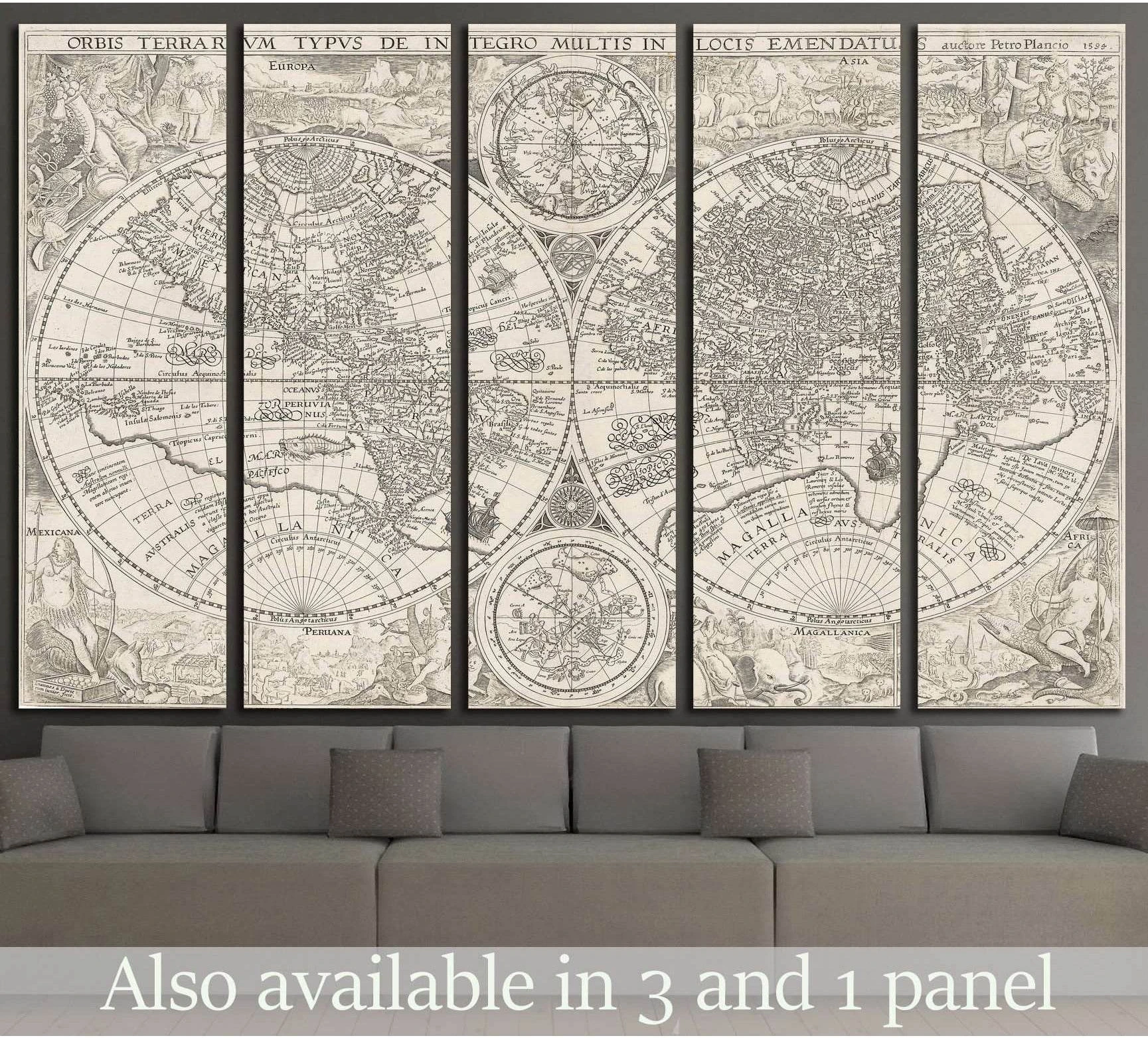 Antique world map canvas print in sepia tones displayed as a five-panel piece above a grey sofa