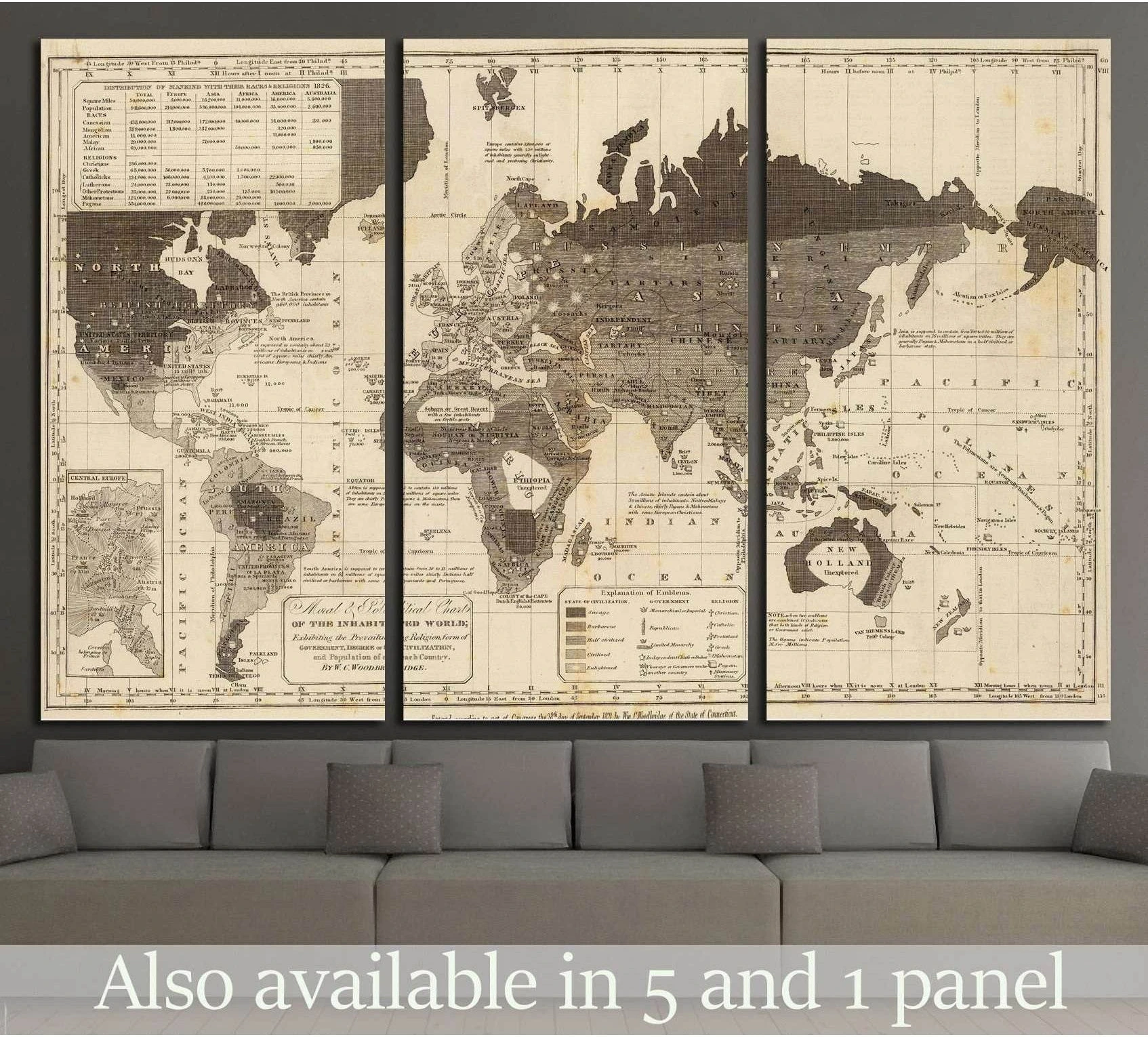 Sepia old world map triptych canvas print above sofa in a modern living room