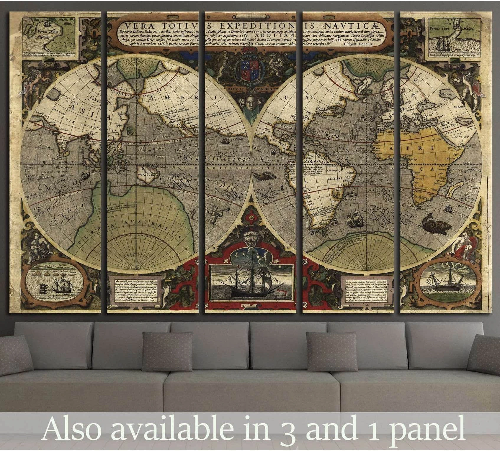 Antique world map canvas print in a five-panel layout above a sofa in a modern living room
