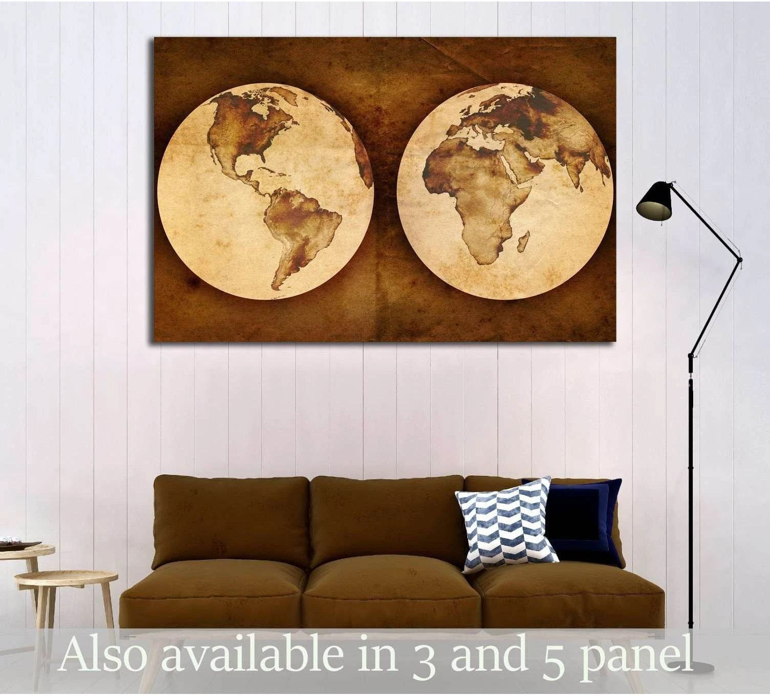 Old world map canvas print with twin hemispheres in warm sepia tones above a brown sofa