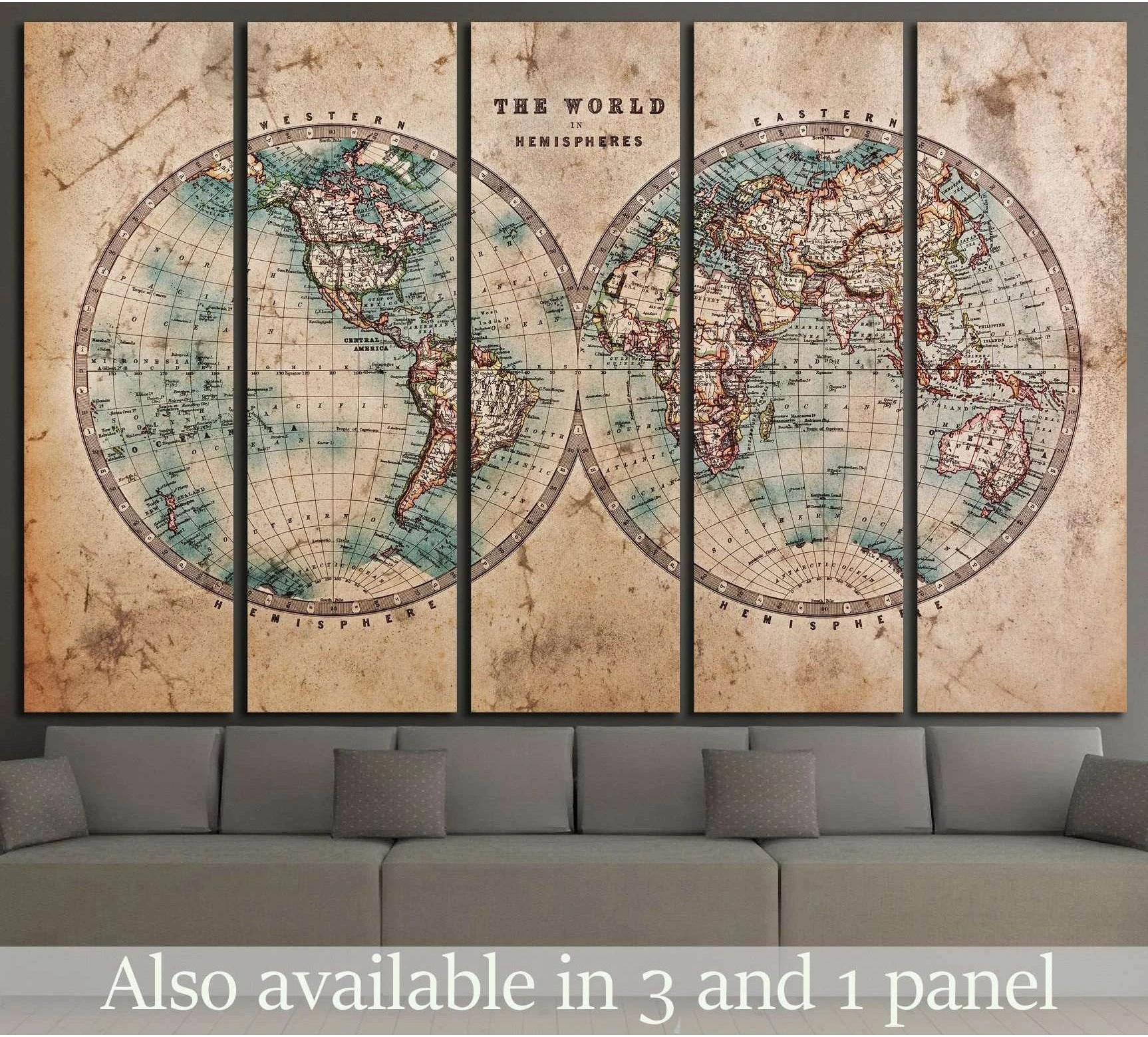 Old world map canvas print with sepia parchment and teal hemispheres above a gray sofa