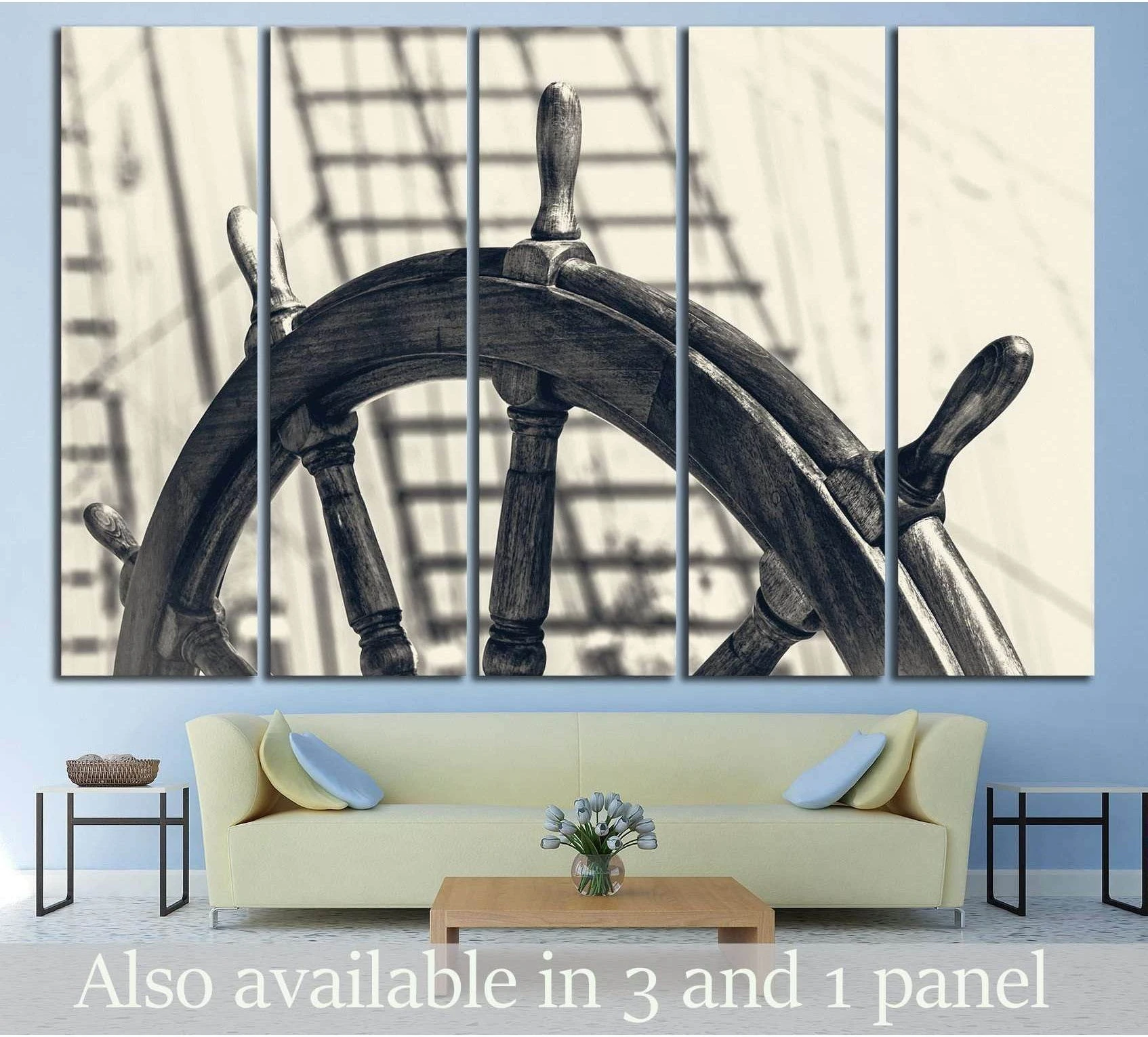 Vintage ship wheel canvas print in warm sepia tones above a sofa in a coastal living room
