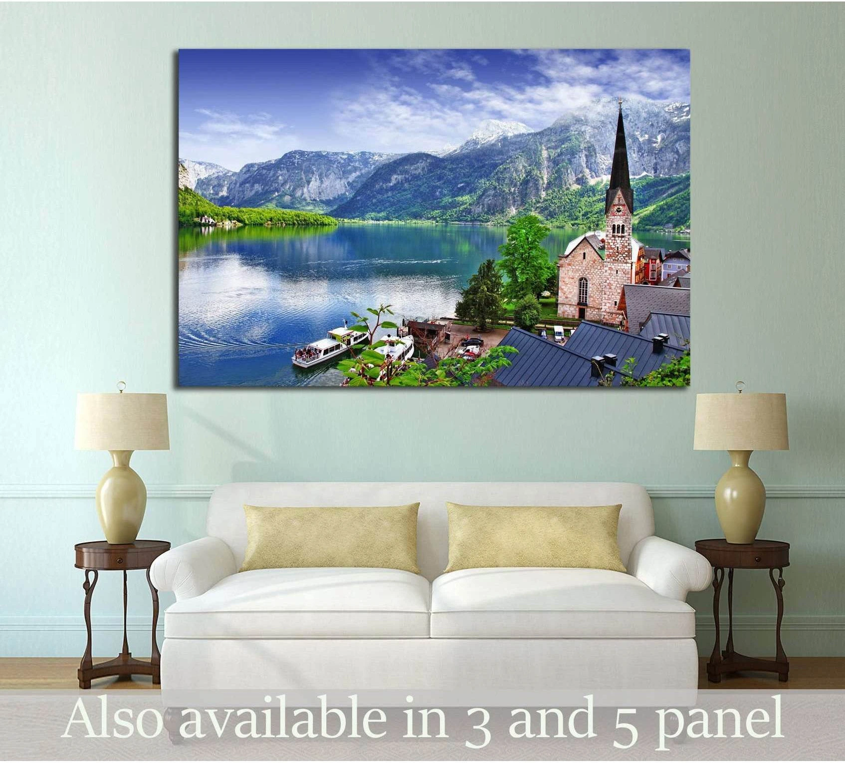Hallstatt Austria canvas print with alpine lake, church spire, and mountains above sofa