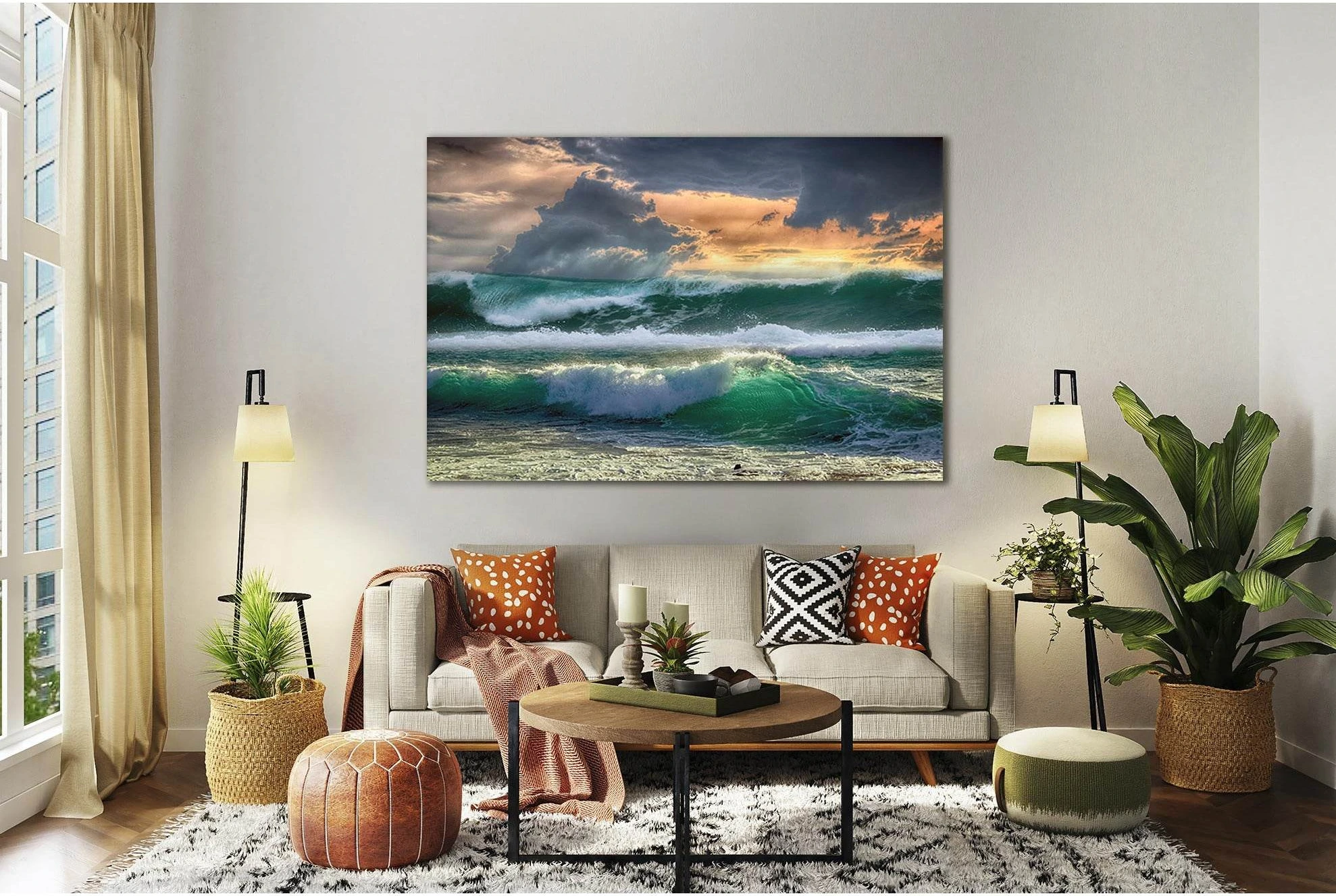 Orange Sunset Ocean Waves Canvas Print With Turquoise Glow showing ocean water, wave movement and surf.