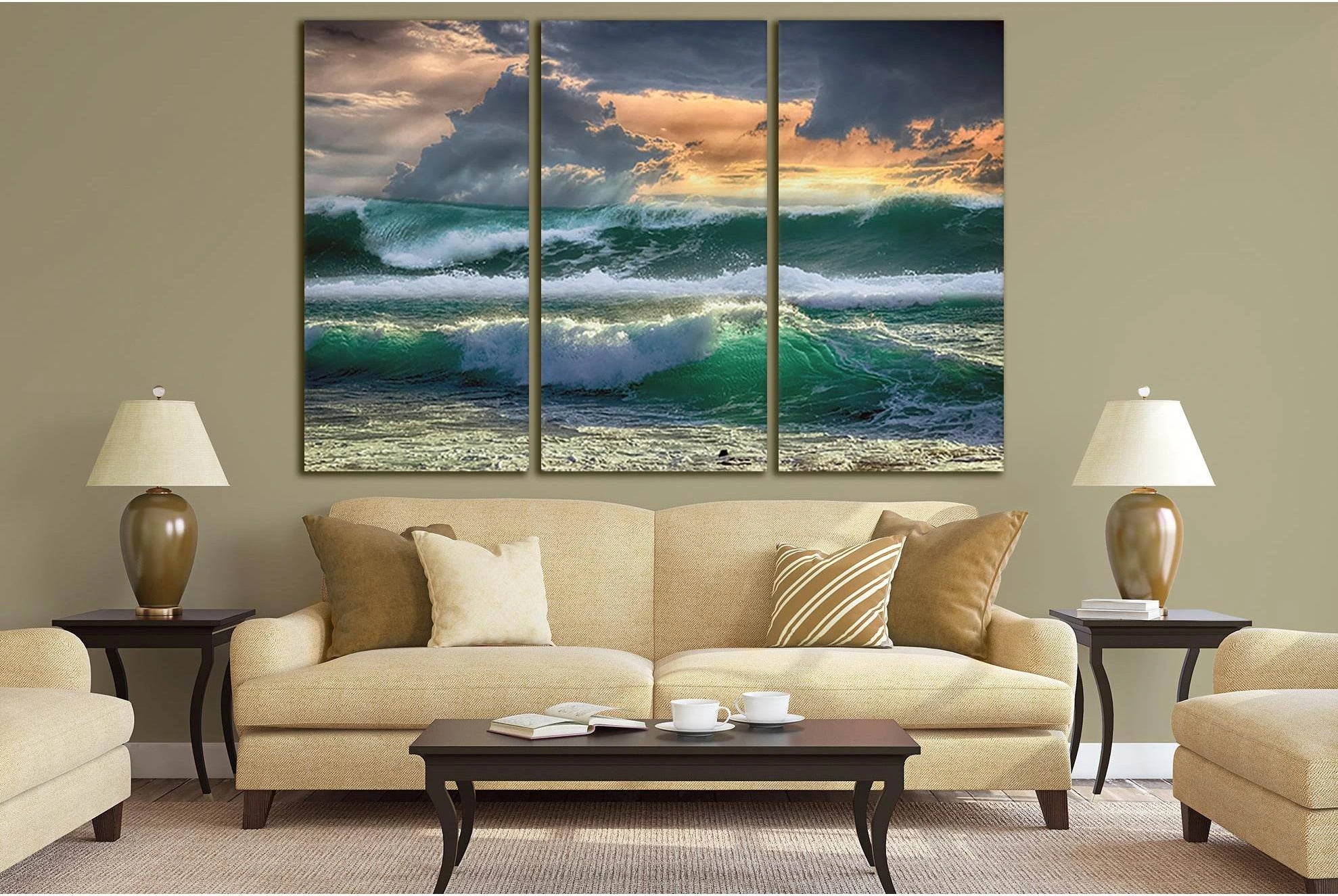 Orange Sunset And Turquoise Waves №SL178 Ready to Hang Canvas Print - Zellart Canvas Prints 0new, ALL_Products, Beach Ocean & Waves