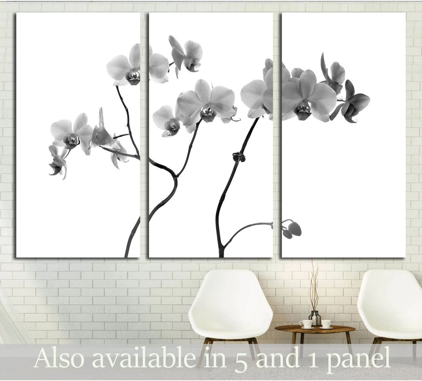 Black and white orchid triptych canvas print on a gray background above chairs in a modern room