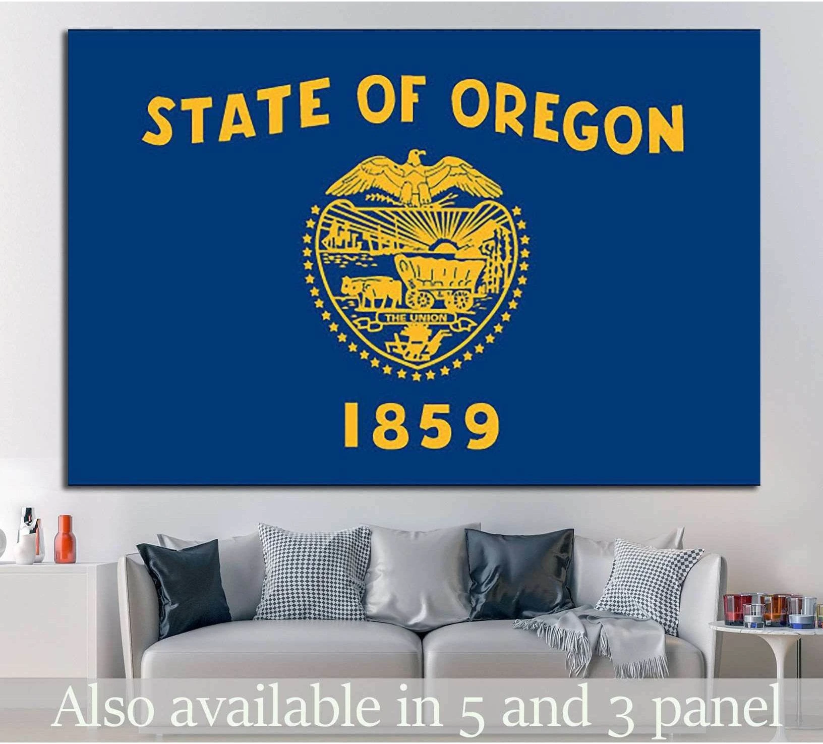 Oregon state flag canvas print in navy and gold hung above a sofa in a modern living room