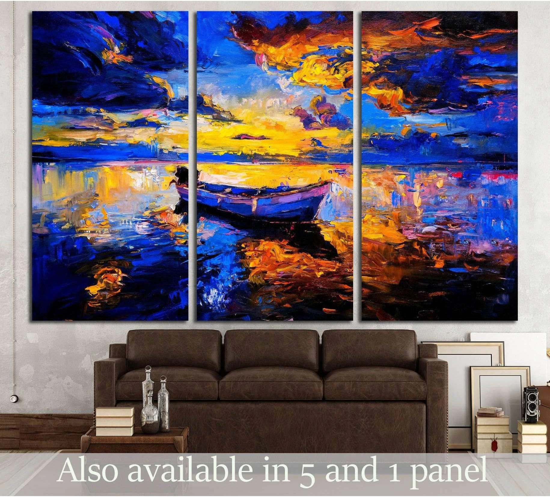 Original oil painting on canvas. Sky sunset and boat on the water showing blue ocean wall art with water and coastal depth.