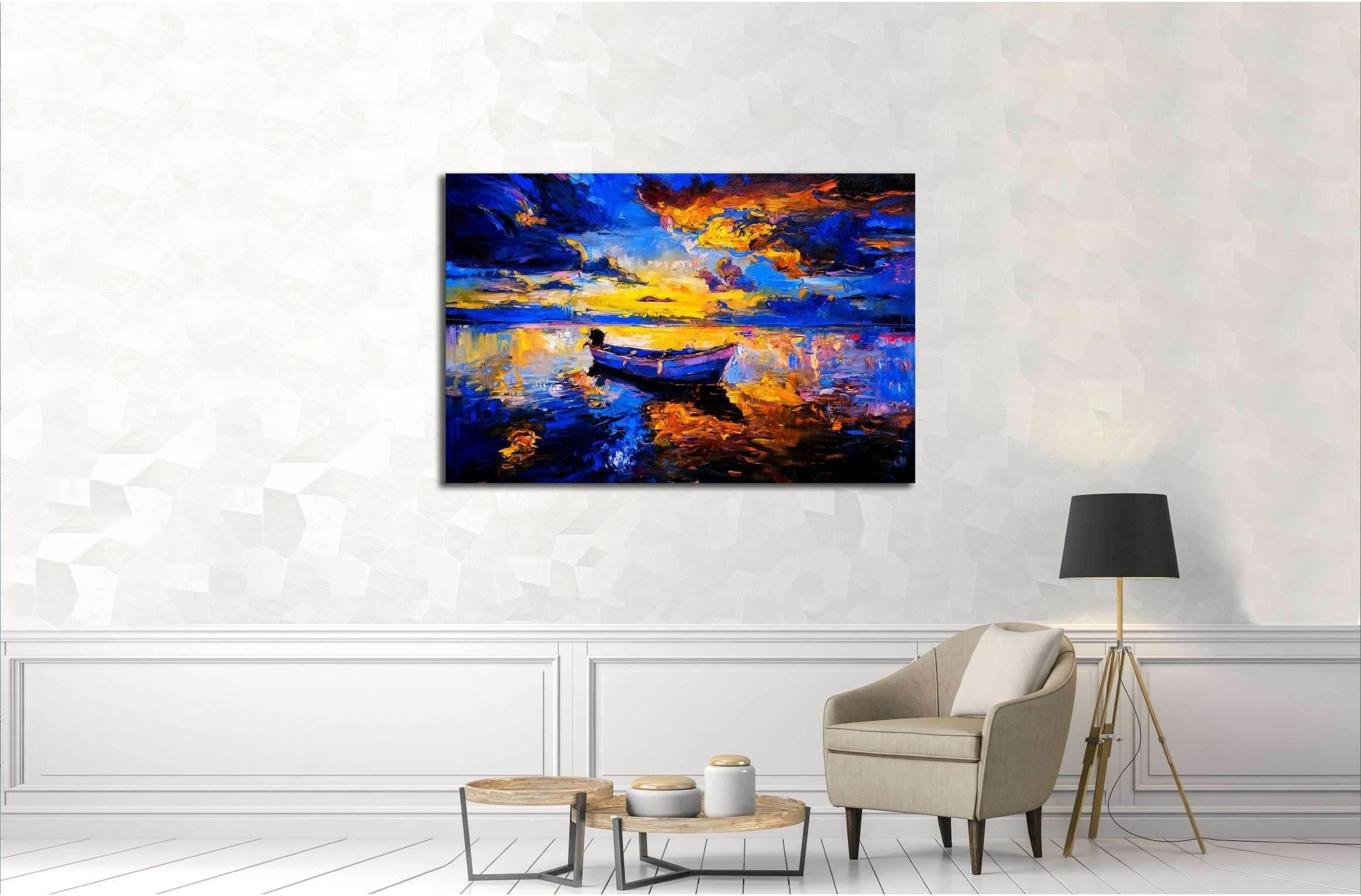 Original oil painting on canvas. Sky sunset and boat on the water №3240 Ready to Hang Canvas Print - Zellart Canvas Prints ALL_Products, s-3240