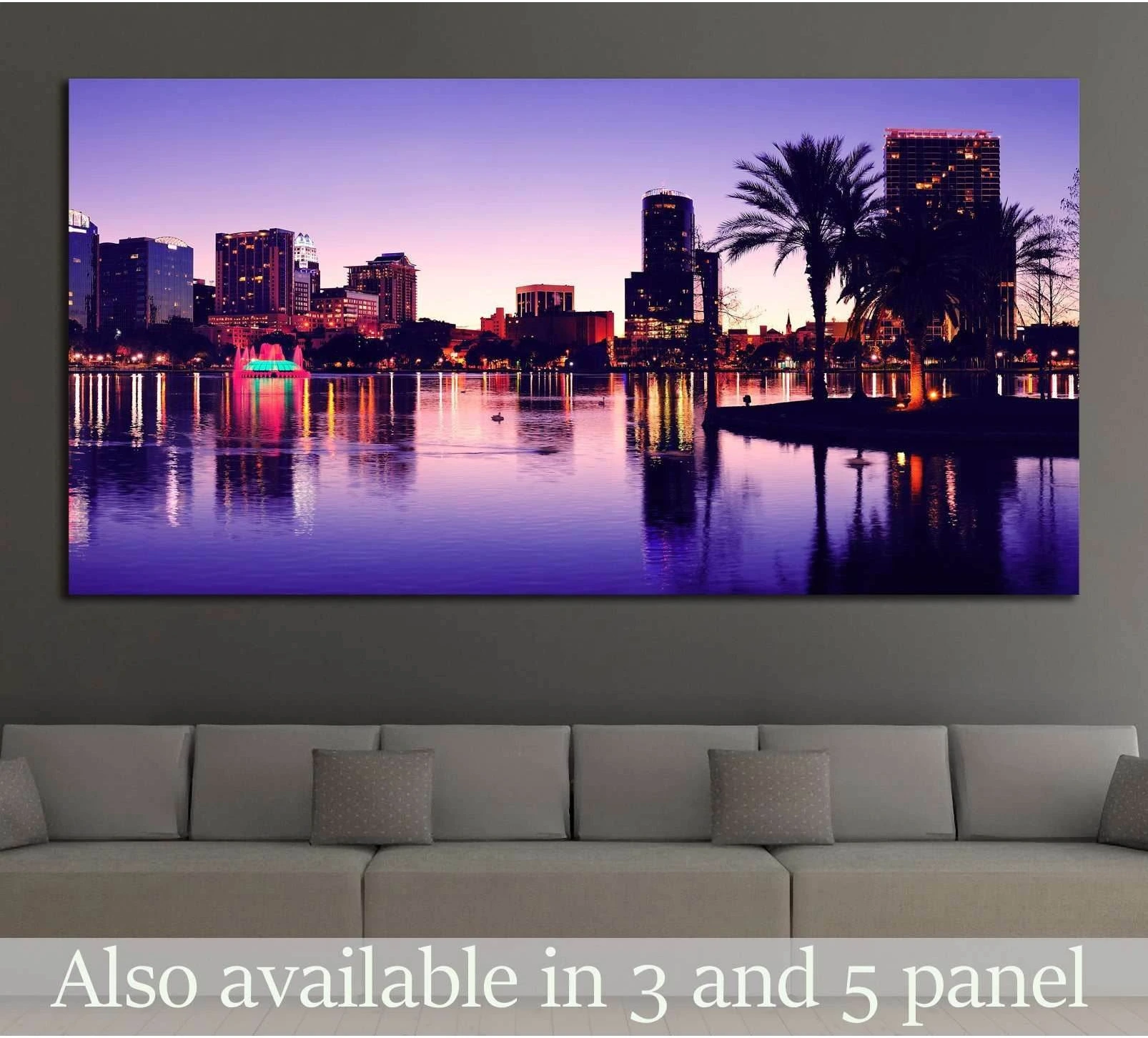Orlando skyline canvas print with Lake Eola reflections and palm trees at dusk above a sofa