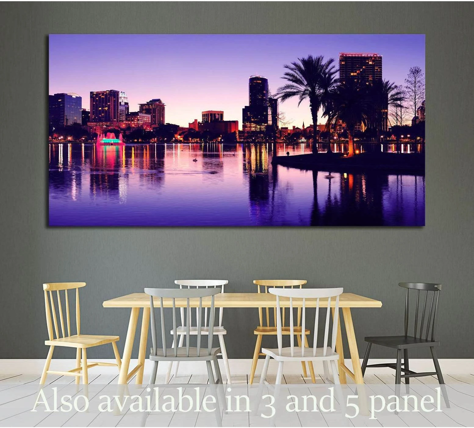 Orlando skyline canvas print above a dining table with Lake Eola reflections and palm silhouettes at dusk