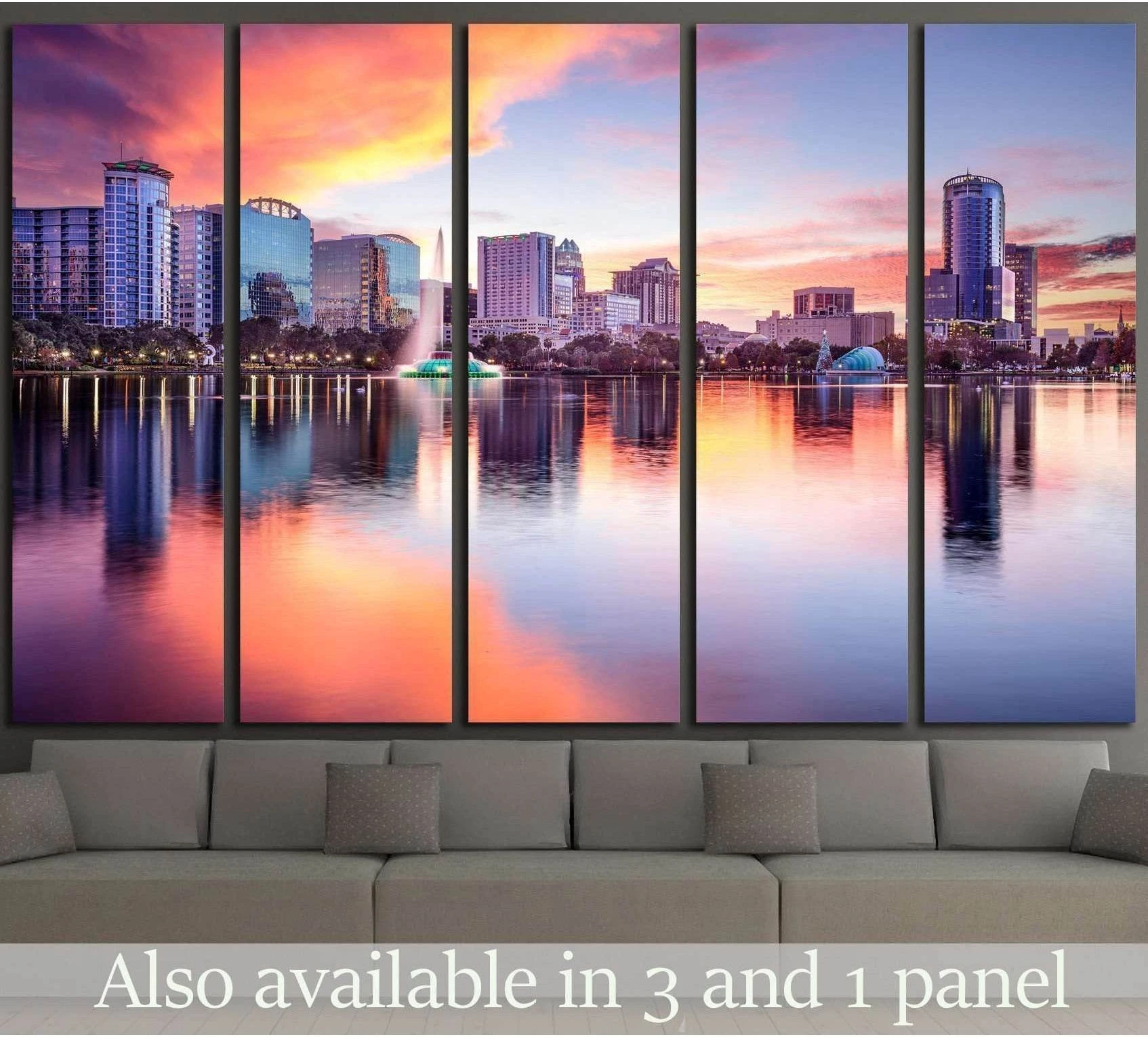 Orlando skyline canvas print over Lake Eola with sunset reflections and fountain above a sofa